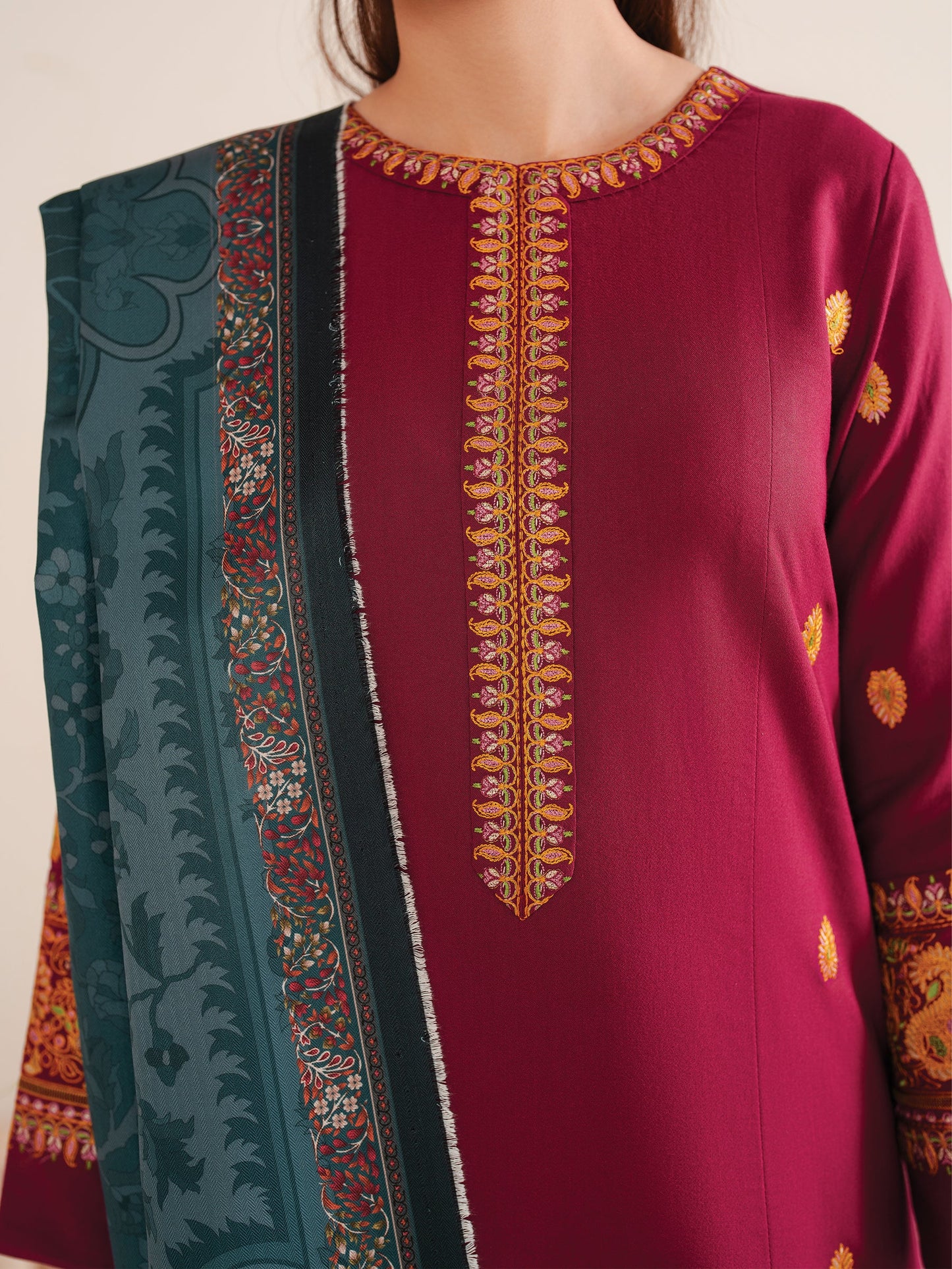 GARNET-3PC LAWN EMBROIDERED SHIRT WITH MONARK PRINT DUPATTA AND TROUSER-BIC-3535