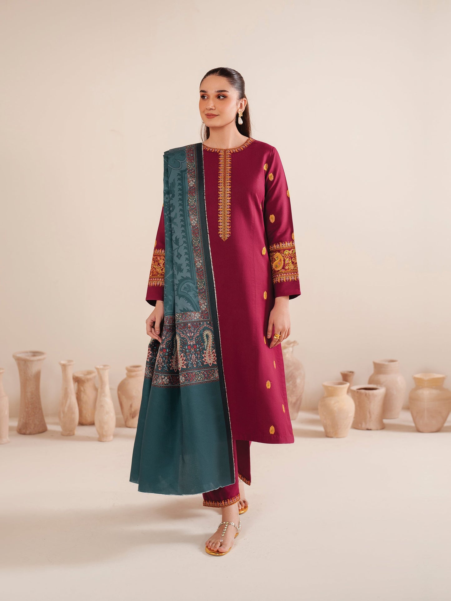 GARNET-3PC LAWN EMBROIDERED SHIRT WITH MONARK PRINT DUPATTA AND TROUSER-BIC-3535