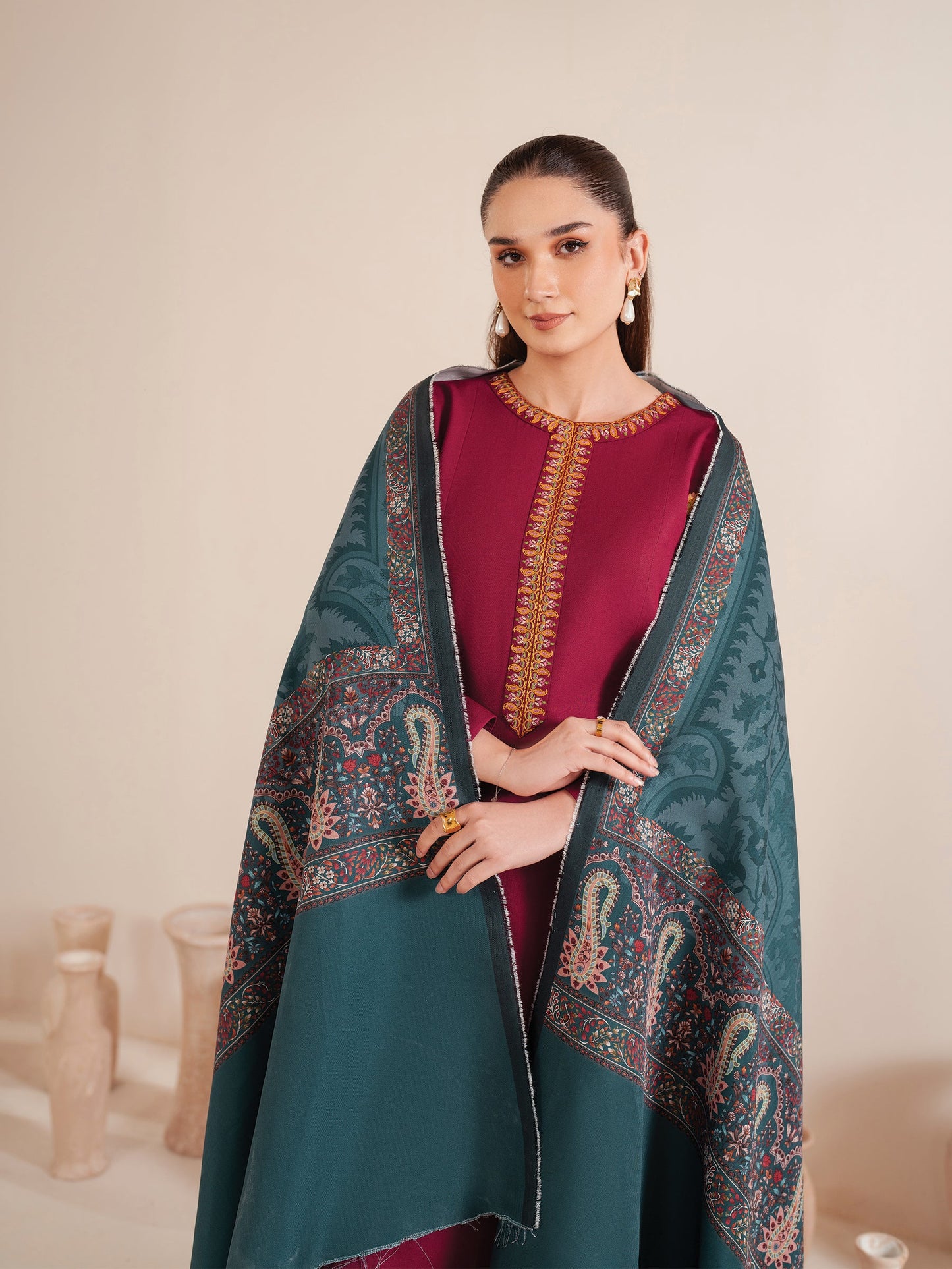 GARNET-3PC LAWN EMBROIDERED SHIRT WITH MONARK PRINT DUPATTA AND TROUSER-BIC-3535