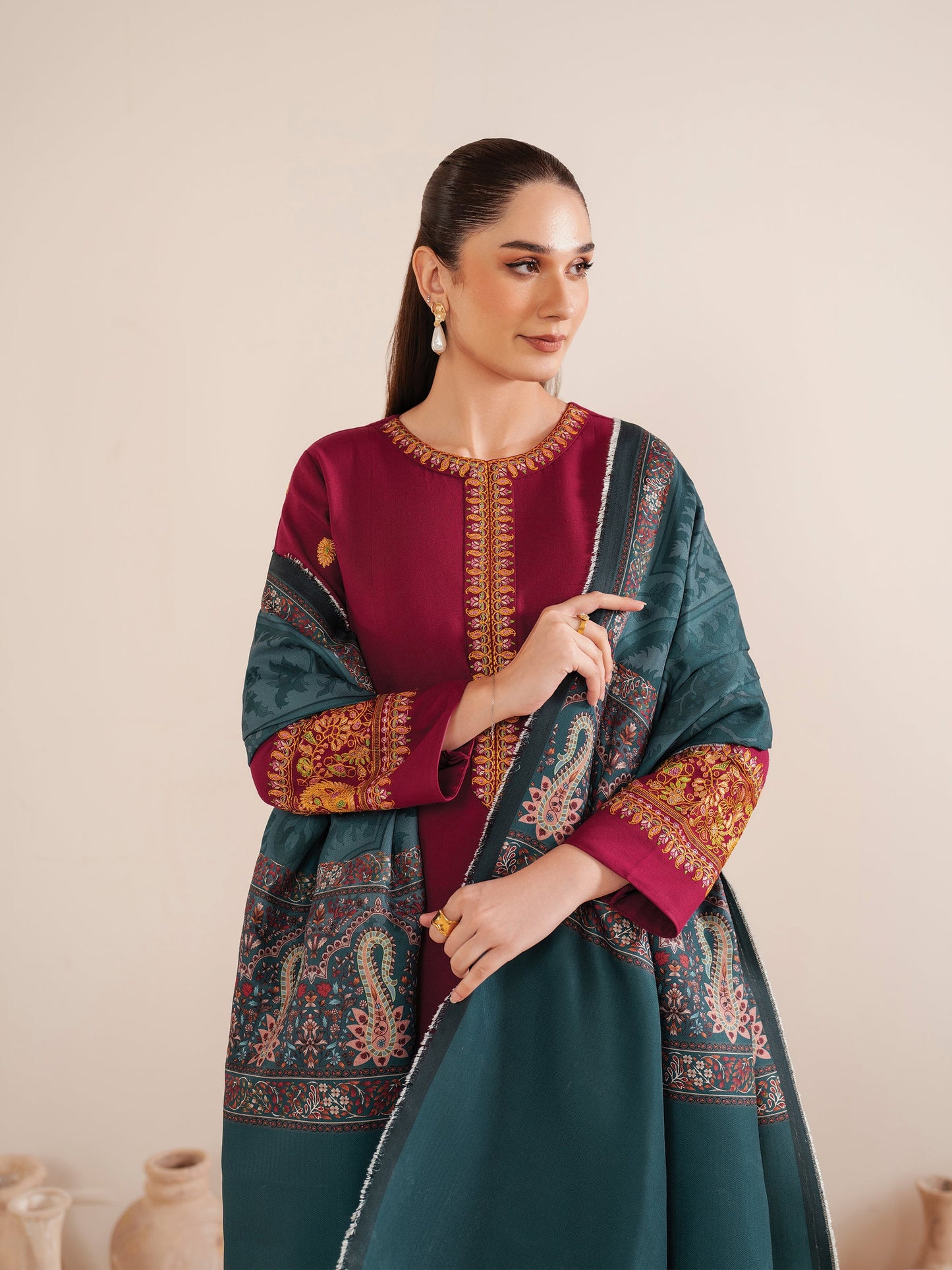 GARNET-3PC LAWN EMBROIDERED SHIRT WITH MONARK PRINT DUPATTA AND TROUSER-BIC-3535