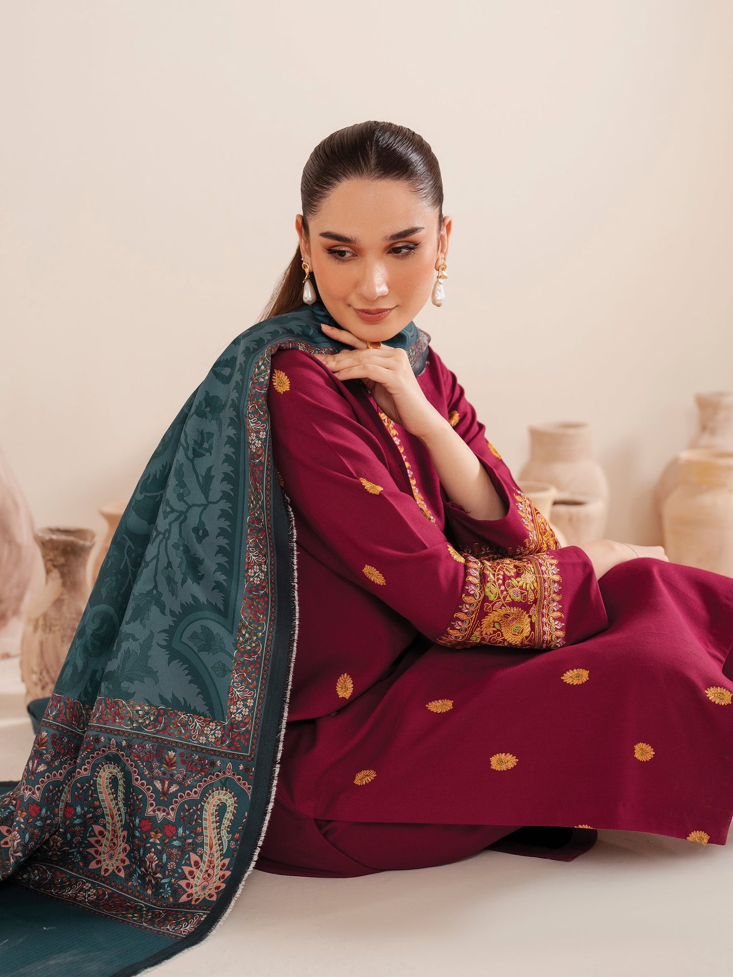 GARNET-3PC LAWN EMBROIDERED SHIRT WITH MONARK PRINT DUPATTA AND TROUSER-BIC-3535