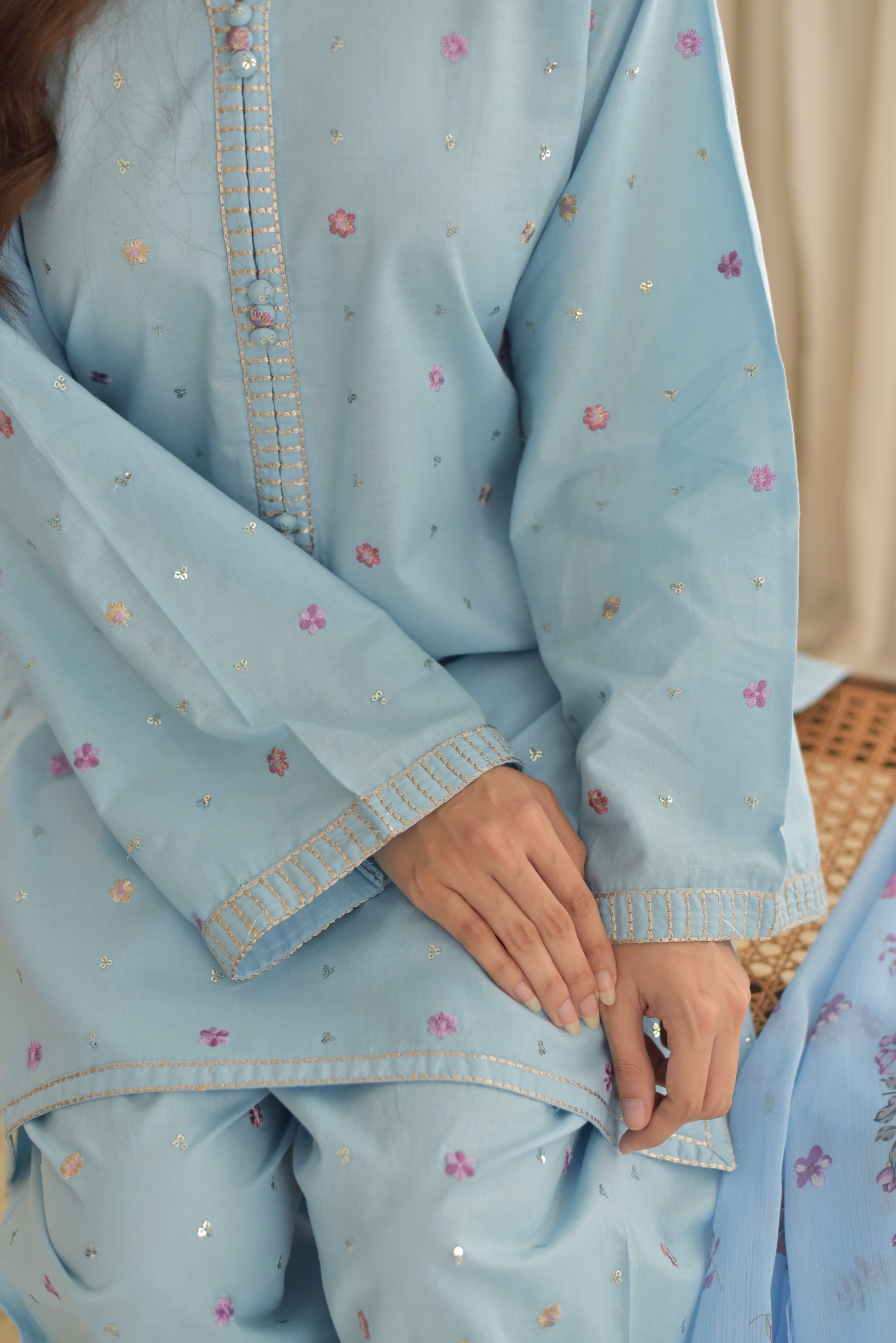 SAPPHIRE-3PC DHANAK EMBROIDERED SHIRT WITH COURTRAI PRINTED SHAWL AND EMB TROUSER-BIC-4255