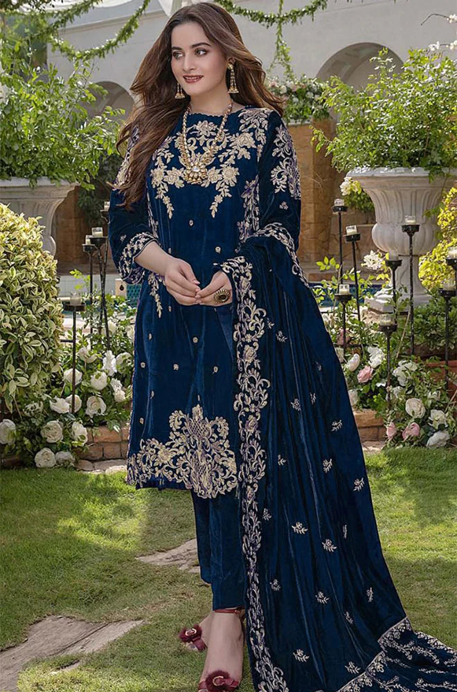 AZURE-3PC VELVET EMBROIDERED SHIRT WITH VELVET EMBROIDERED SHAWL & TROUSER-BIC-D9.B