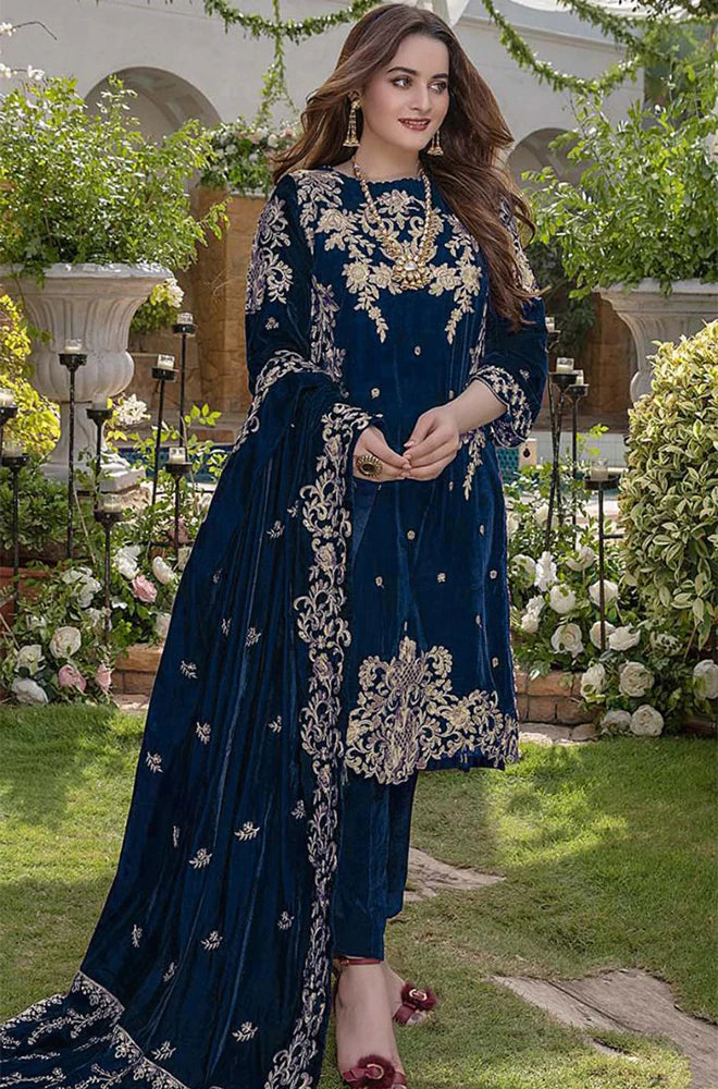 AZURE-3PC VELVET EMBROIDERED SHIRT WITH VELVET EMBROIDERED SHAWL & TROUSER-BIC-D9.B