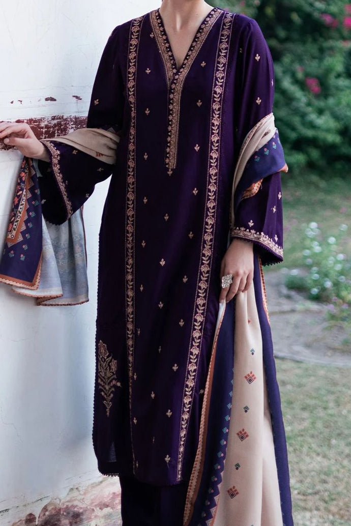 JAZMIN-3PC DHANAK EMBROIDERED SHIRT WITH COURTRAI PRINTED SHAWL & TROUSER-BIC-