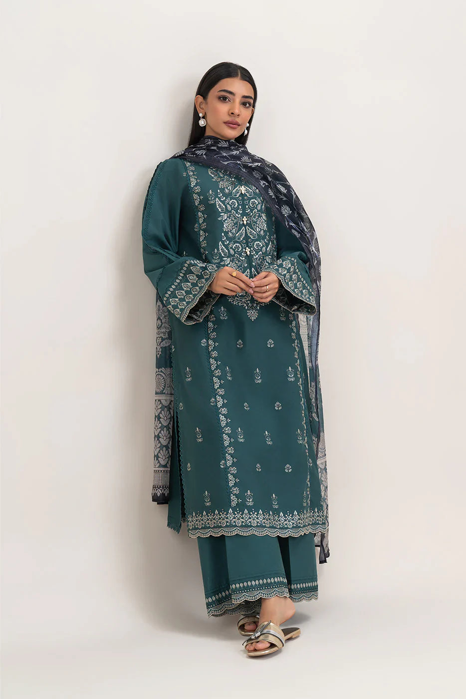 BEECHTREE-3PC DHANAK EMBROIDERED SHIRT WITH COURTRAI PRINTED SHAWL AND EMB TROUSER-BIC-4158