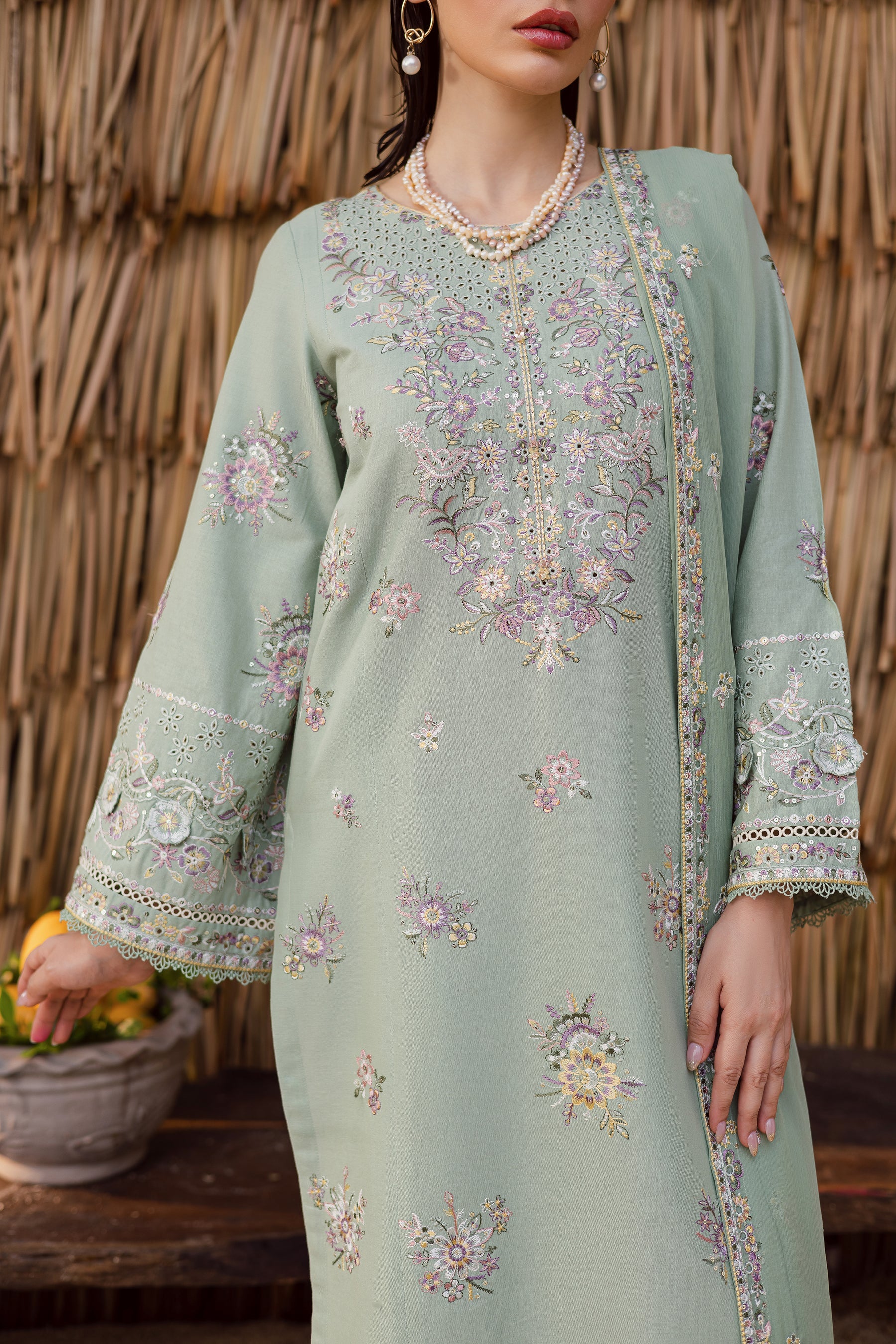 BATIK-3PC DHANAK EMBROIDERED SHIRT WITH DHANAK SHAWL AND EMB TROUSER-BIC-4347