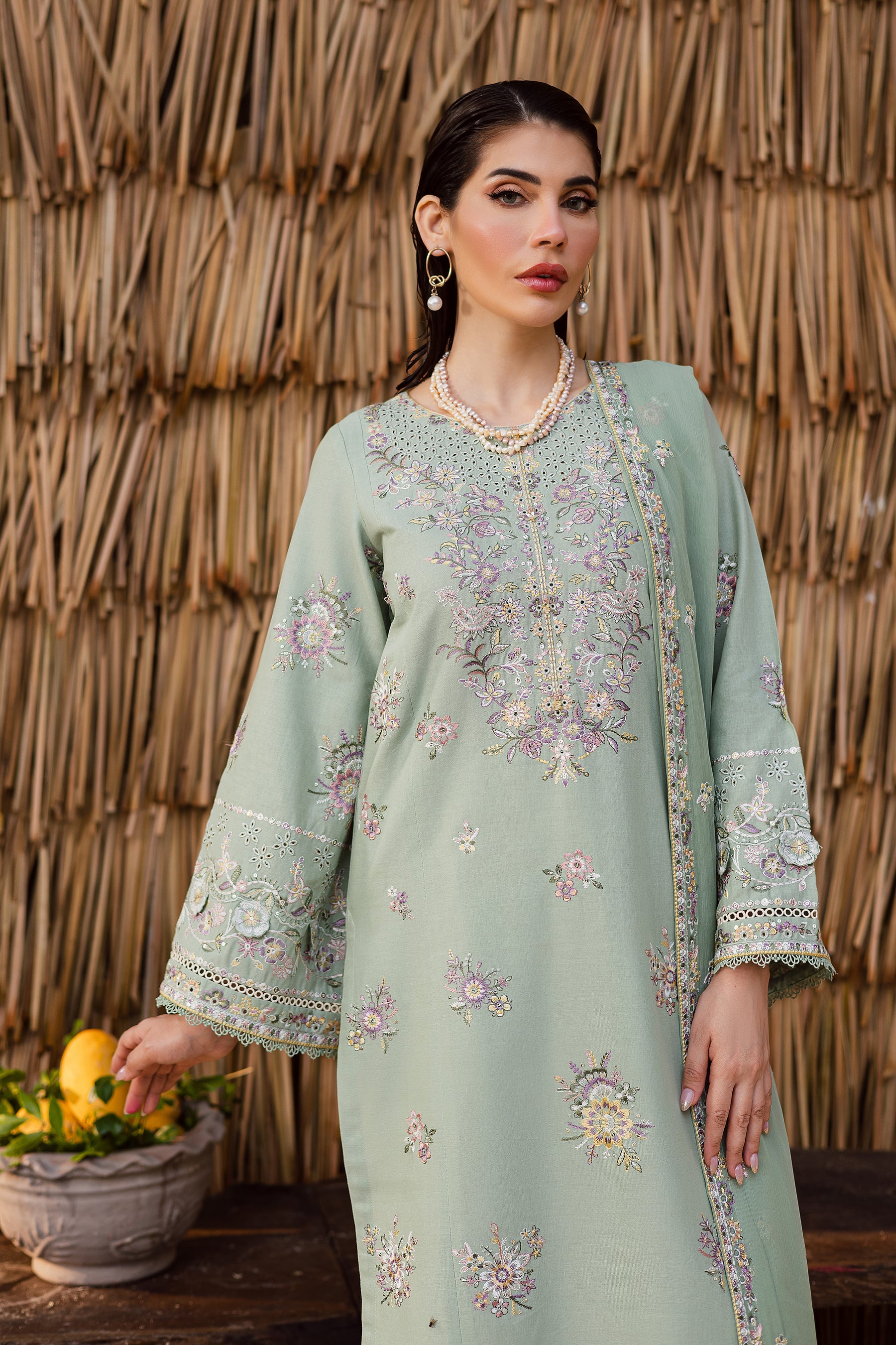 BATIK-3PC DHANAK EMBROIDERED SHIRT WITH DHANAK SHAWL AND EMB TROUSER-BIC-4347