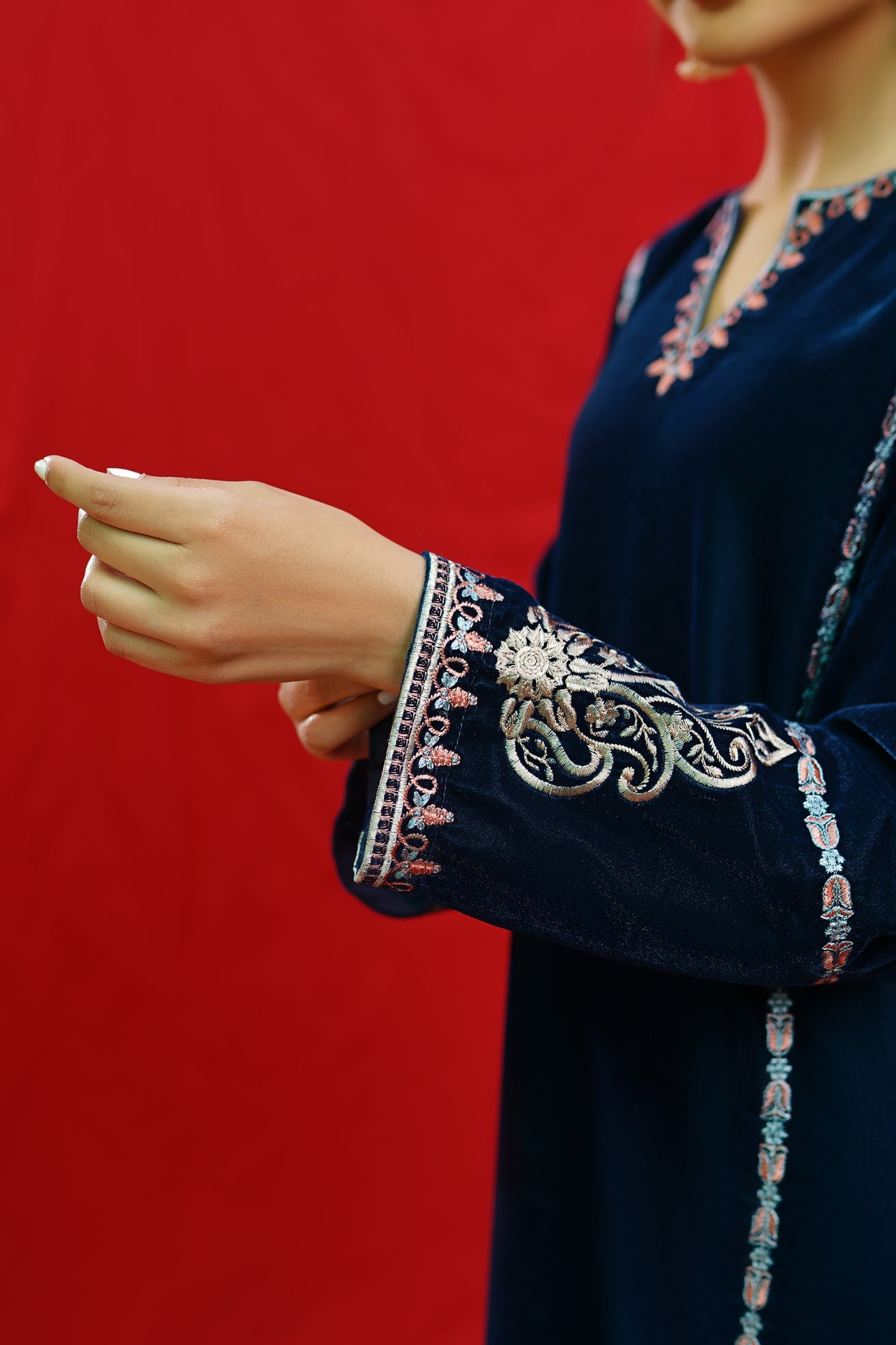 URGE -2PC Velvet Heavy Embroidered Shirt With Velvet Embroidered Sleeves-BIC-D23