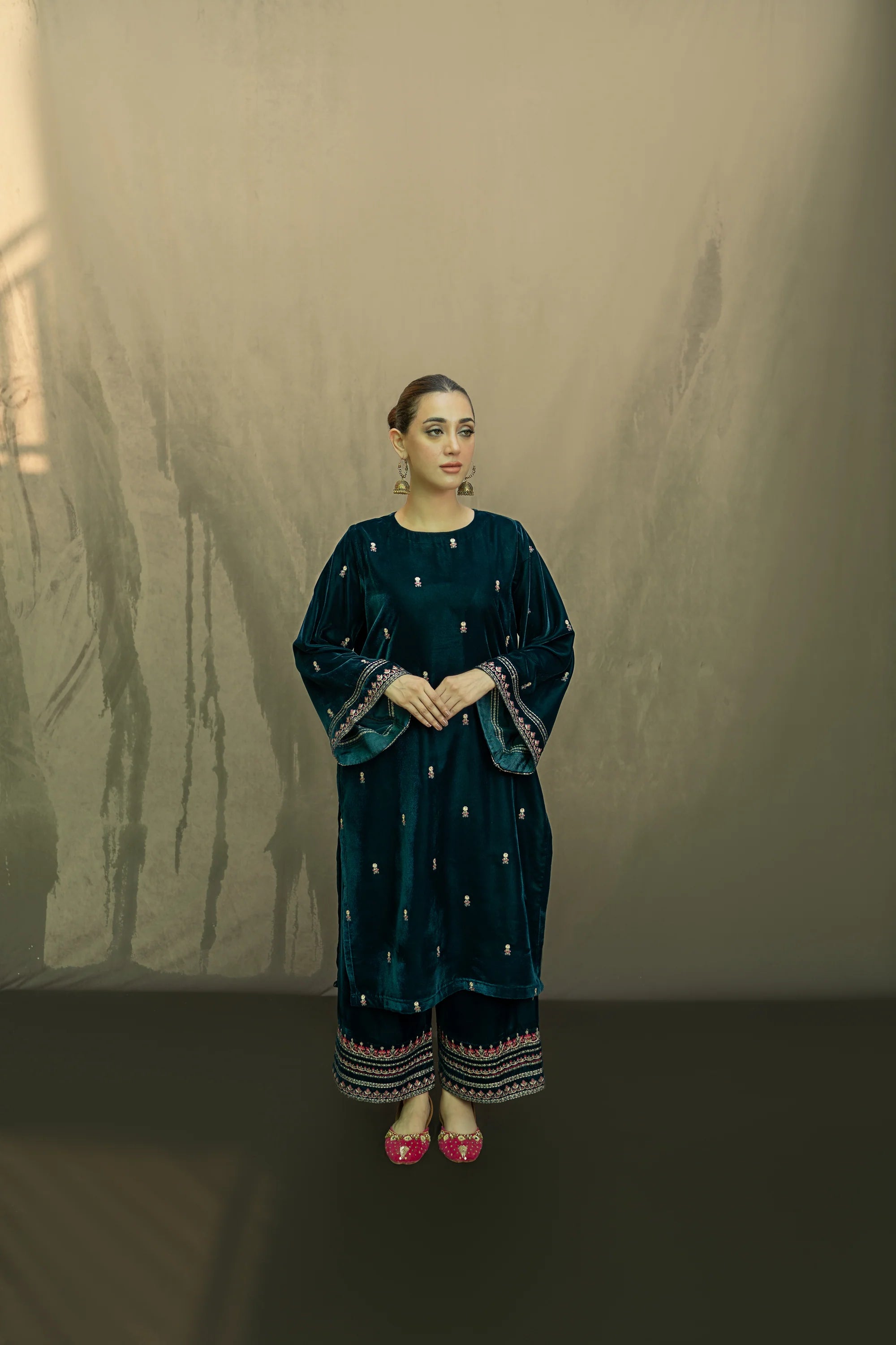 URGE-2PC VELVET EMBROIDERED SHIRT WITH VELEVT EMBROIDERED SLEEVES & TROUSER-BIC-D21