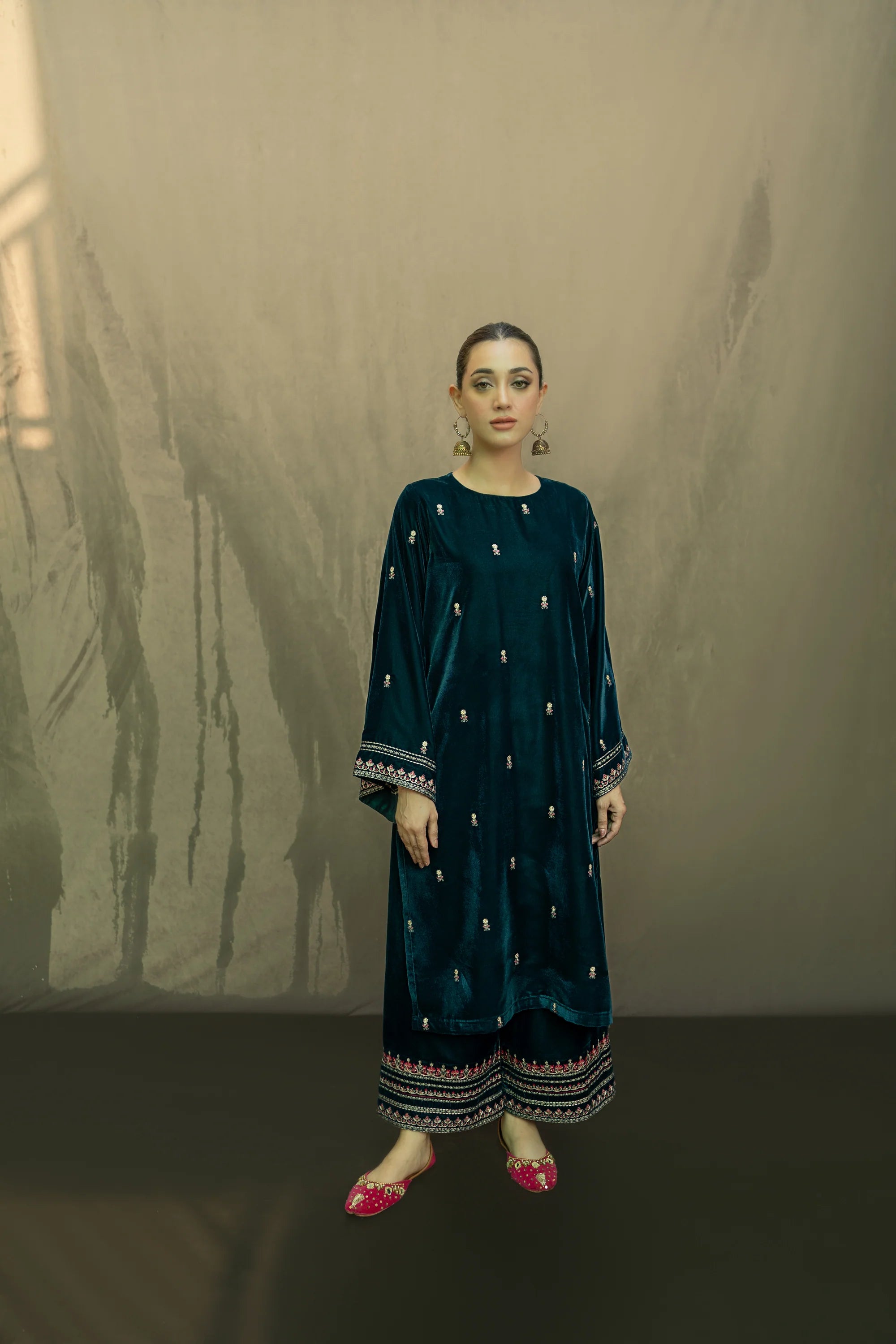URGE-2PC VELVET EMBROIDERED SHIRT WITH VELEVT EMBROIDERED SLEEVES & TROUSER-BIC-D21