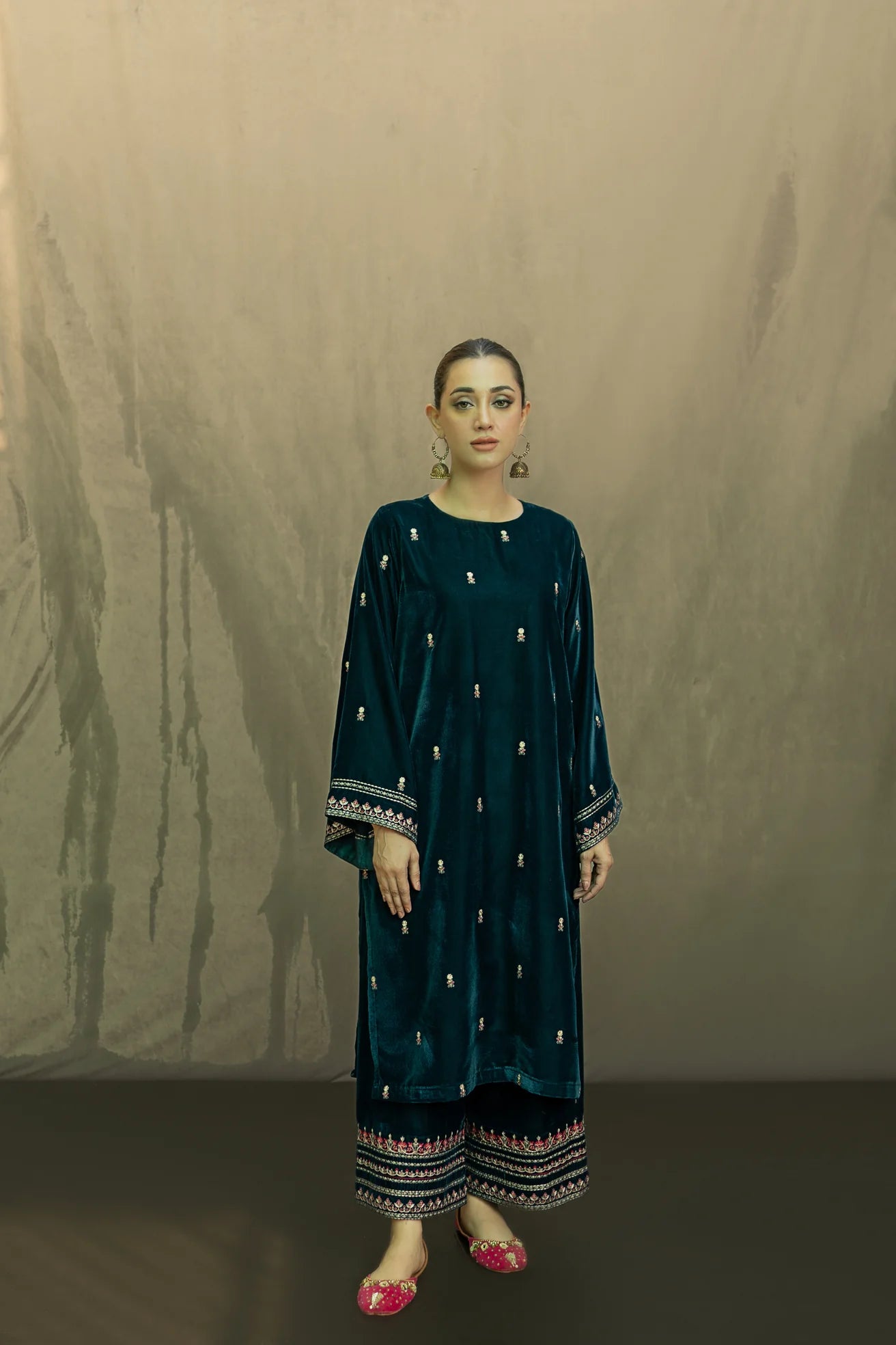 URGE-2PC VELVET EMBROIDERED SHIRT WITH VELEVT EMBROIDERED SLEEVES & TROUSER-BIC-D21