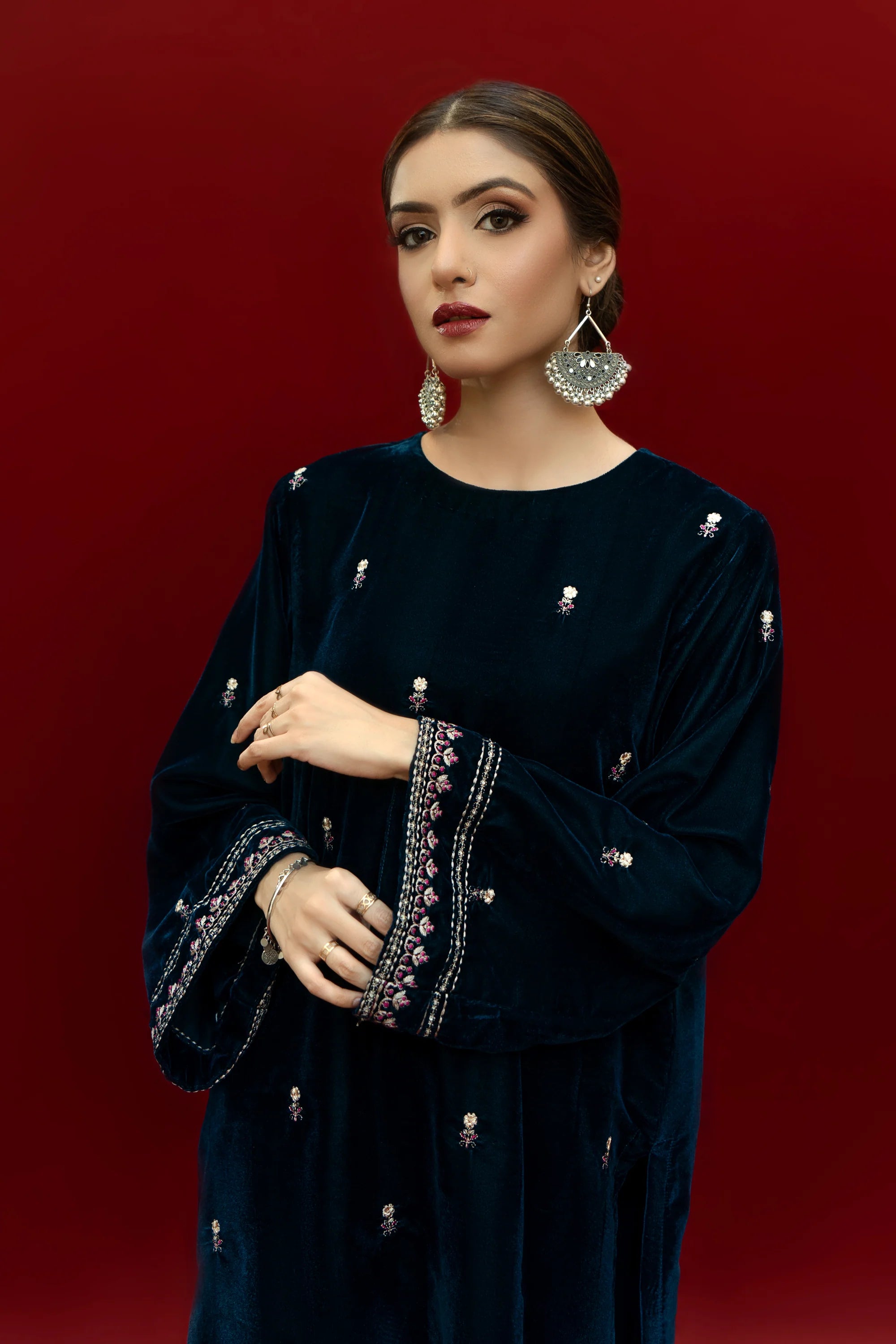 URGE-2PC VELVET EMBROIDERED SHIRT WITH VELEVT EMBROIDERED SLEEVES & TROUSER-BIC-D21