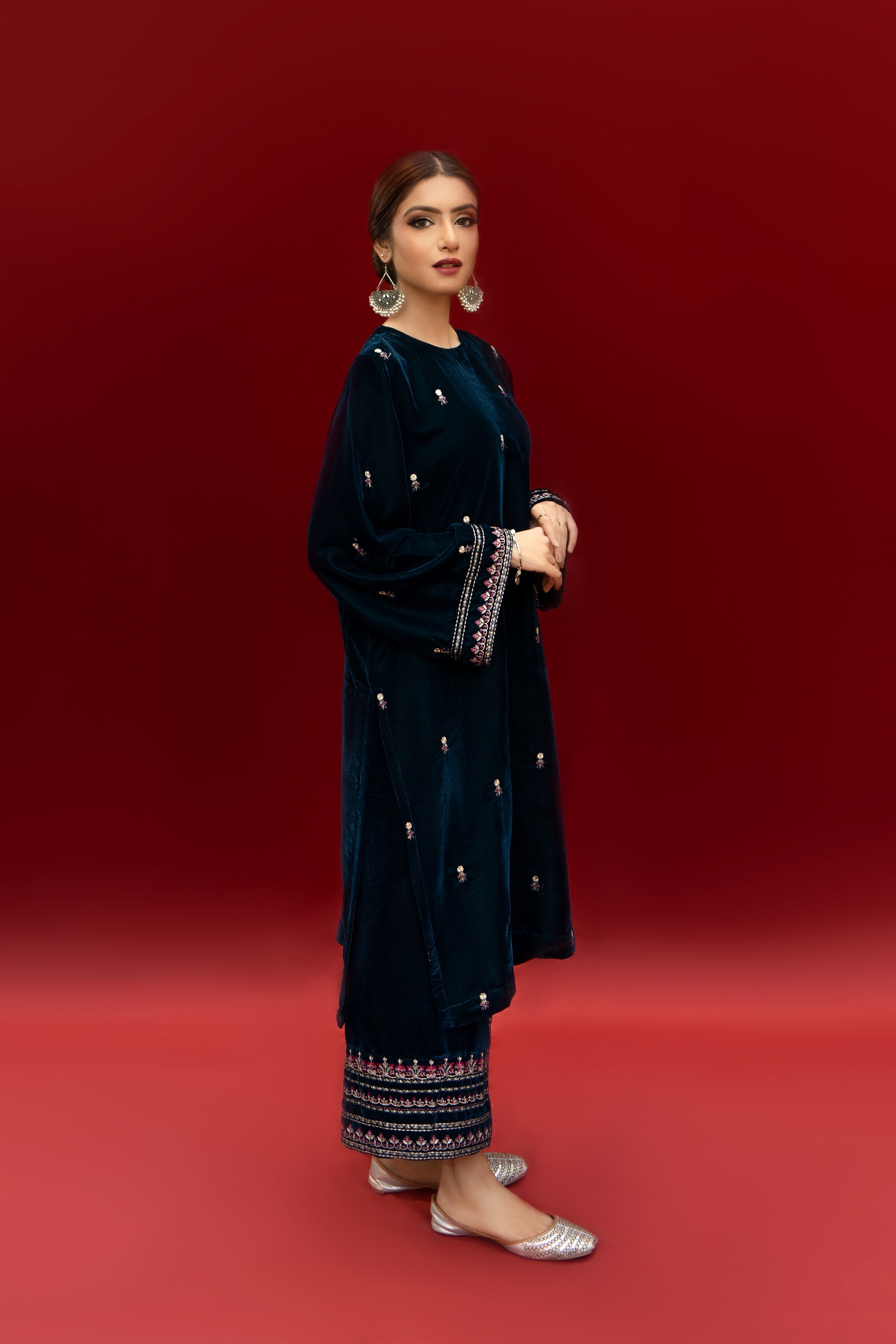 URGE-2PC VELVET EMBROIDERED SHIRT WITH VELEVT EMBROIDERED SLEEVES & TROUSER-BIC-D21