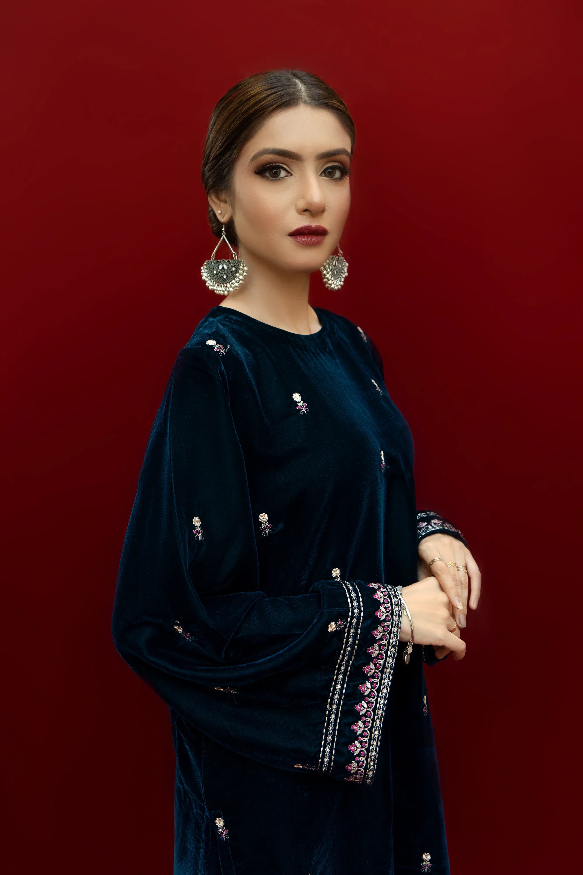 URGE-2PC VELVET EMBROIDERED SHIRT WITH VELEVT EMBROIDERED SLEEVES & TROUSER-BIC-D21