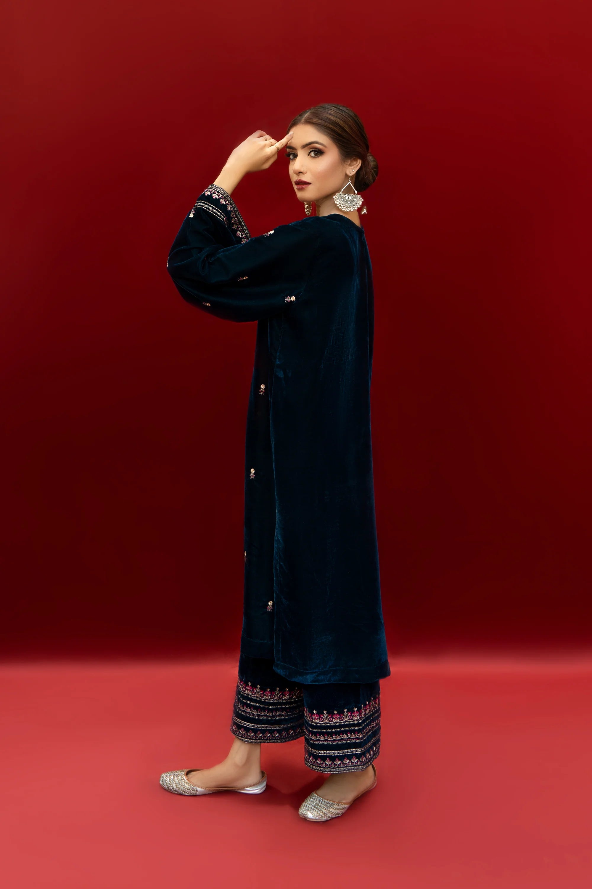 URGE-2PC VELVET EMBROIDERED SHIRT WITH VELEVT EMBROIDERED SLEEVES & TROUSER-BIC-D21