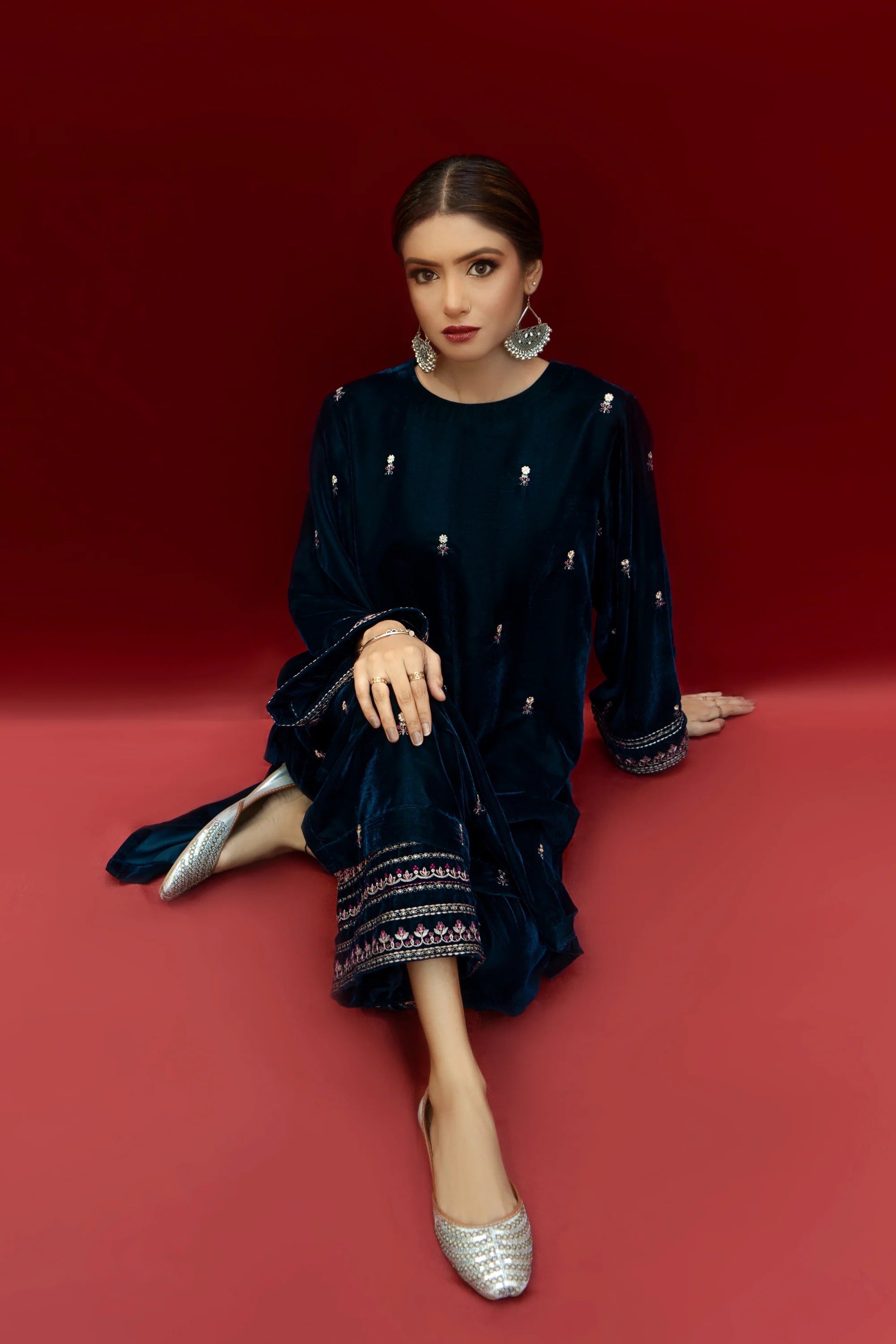 URGE-2PC VELVET EMBROIDERED SHIRT WITH VELEVT EMBROIDERED SLEEVES & TROUSER-BIC-D21