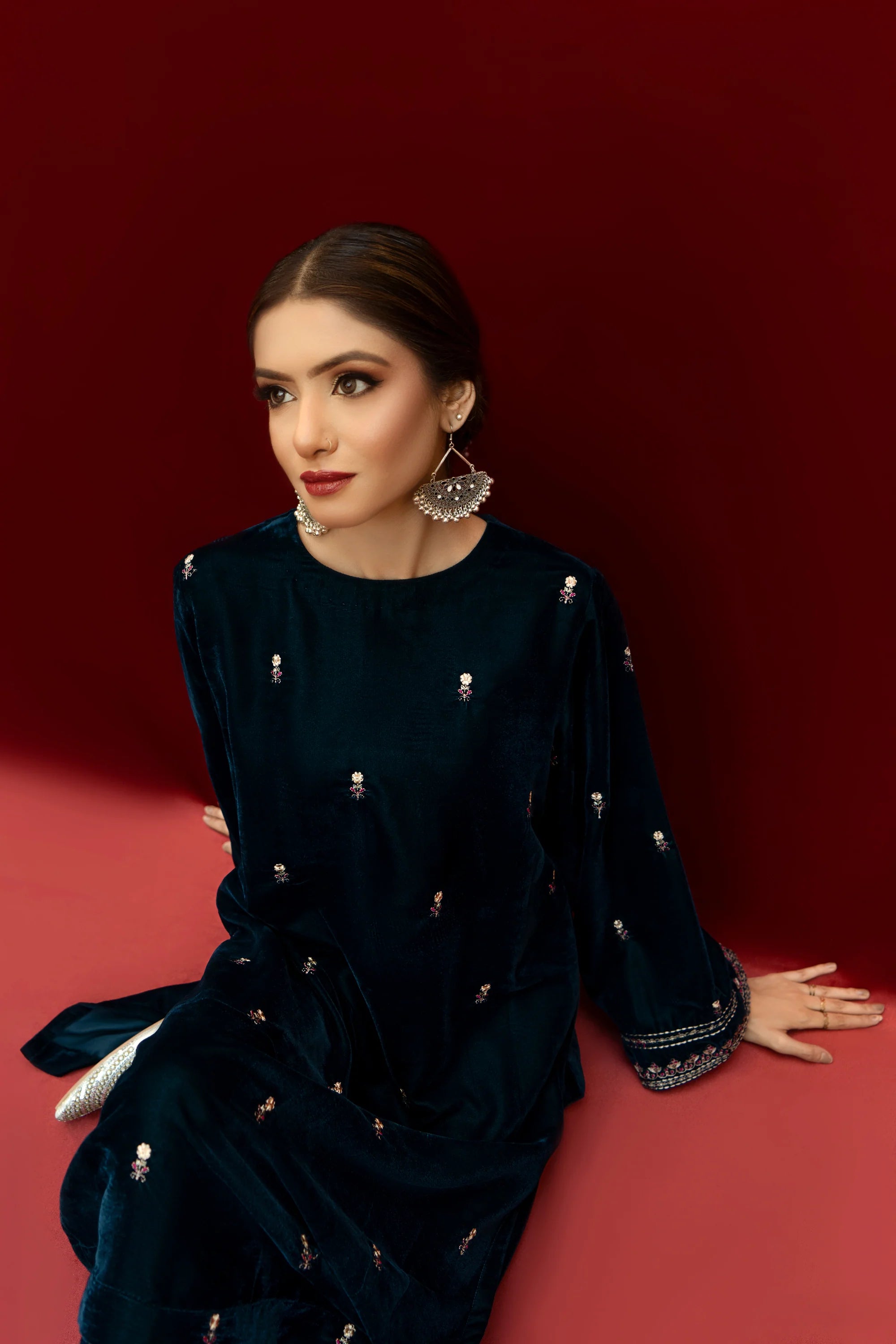 URGE-2PC VELVET EMBROIDERED SHIRT WITH VELEVT EMBROIDERED SLEEVES & TROUSER-BIC-D21