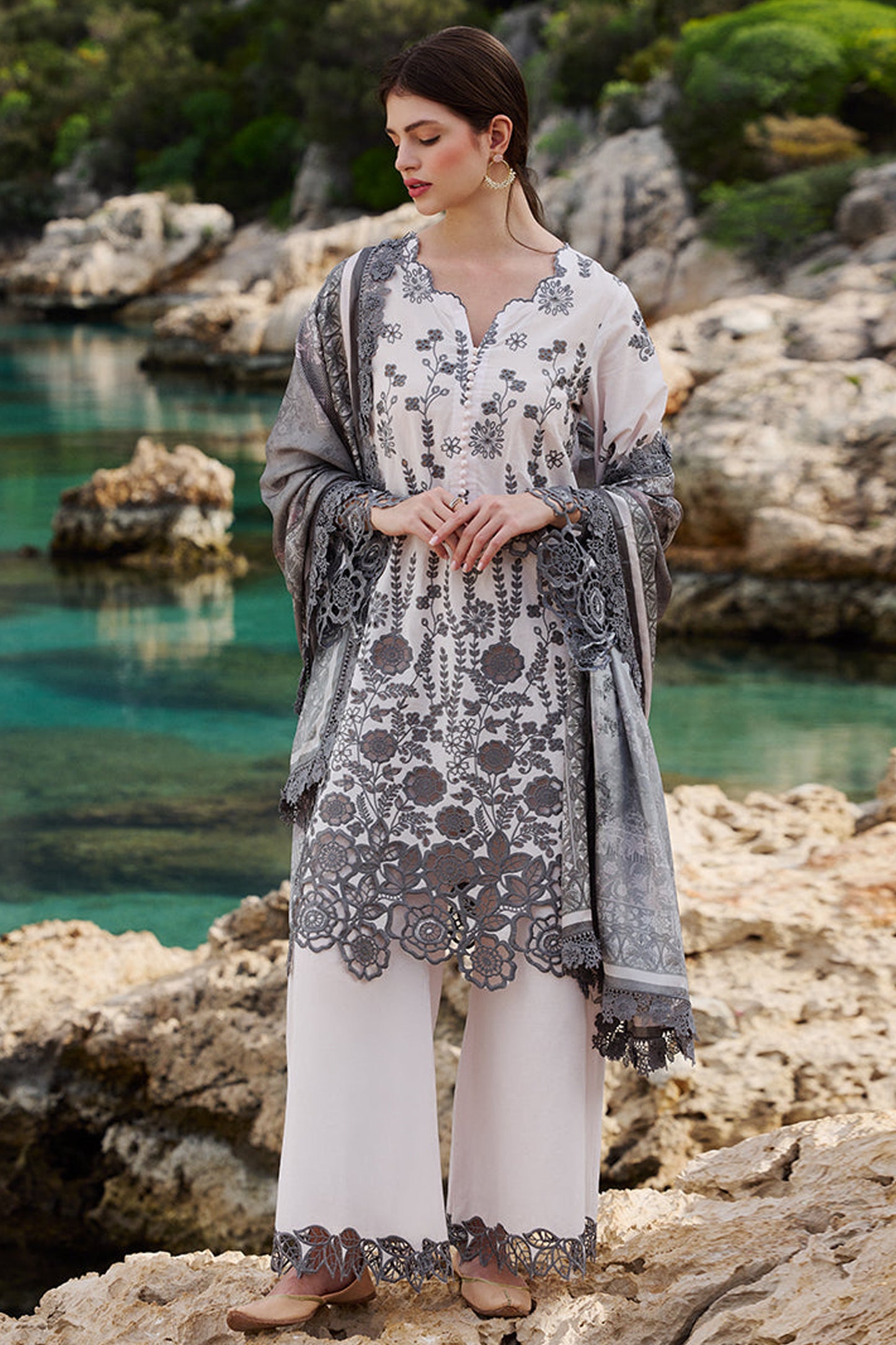 IMAGE-3PC LAWN EMBROIDERED SHIRT WITH CHIFFON PRINT DUPATTA AND EMB TROUSER-BIC-3710