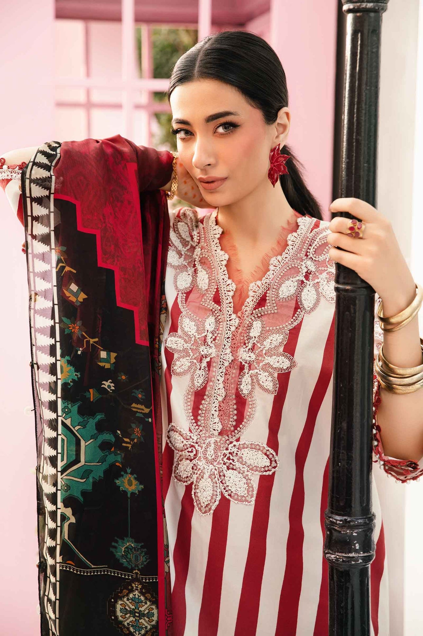 MARIA.B-3PC LAWN EMBROIDERED PRINTED SHIRT WITH CHIFFON PRINT DUPATTA AND PRINT TROUSER-BIC-