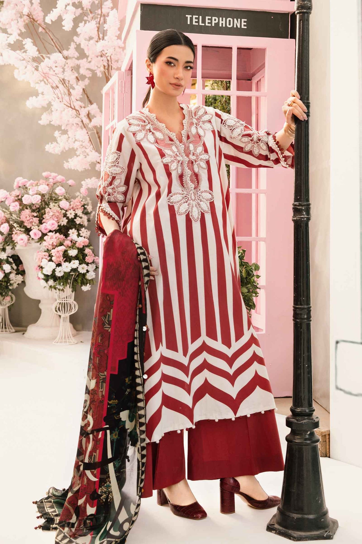 MARIA.B-3PC LAWN EMBROIDERED PRINTED SHIRT WITH CHIFFON PRINT DUPATTA AND PRINT TROUSER-BIC-