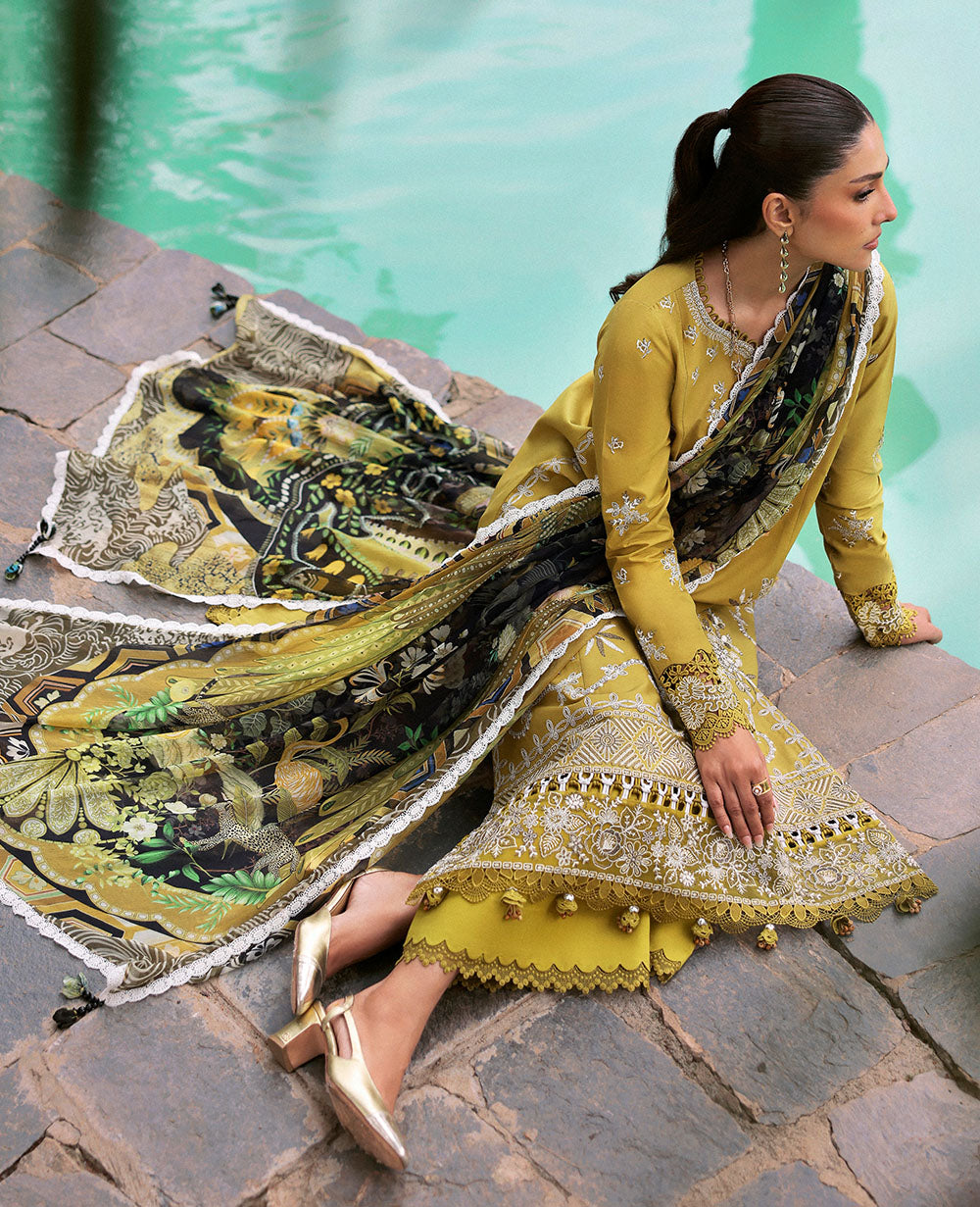 REPUBLIC WOMENSWEAR-3PC DHANAK EMBROIDERED SHIRT WITH COURTRAI PRINTED SHAWL & DHANAK TOUSER-BIC-4240