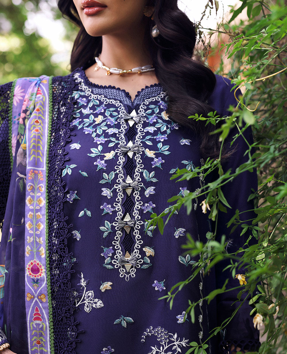 REPUBLIC WOMENSWEAR-3PC DHANAK EMBROIDERED SHIRT WITH COURTRAI PRINTED SHAWL & EMB TOUSER-BIC-4253