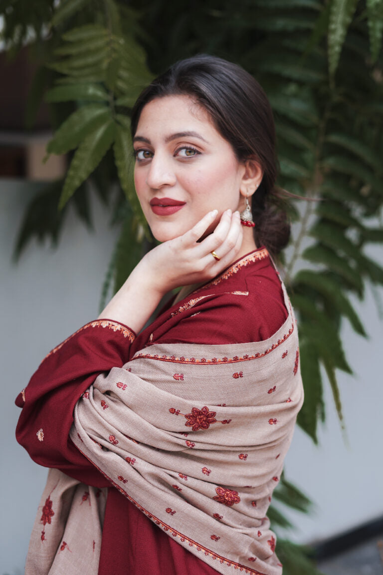 AiSLING-3PC DHANAK EMBROIDERED SHIRT DHANAK EMBROIDERED SHAWL AND EMB TROUSER-BIC-3183