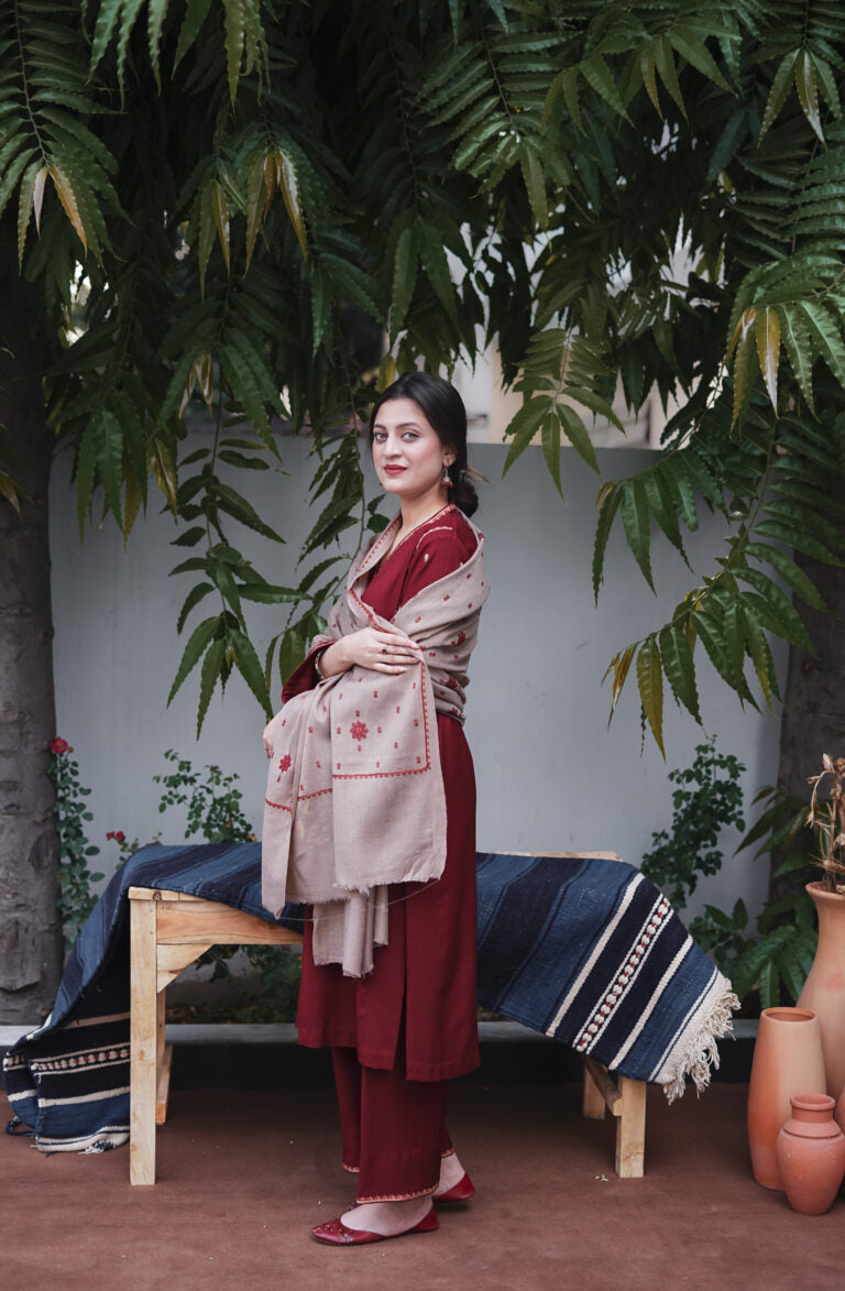 AiSLING-3PC DHANAK EMBROIDERED SHIRT DHANAK EMBROIDERED SHAWL AND EMB TROUSER-BIC-3183