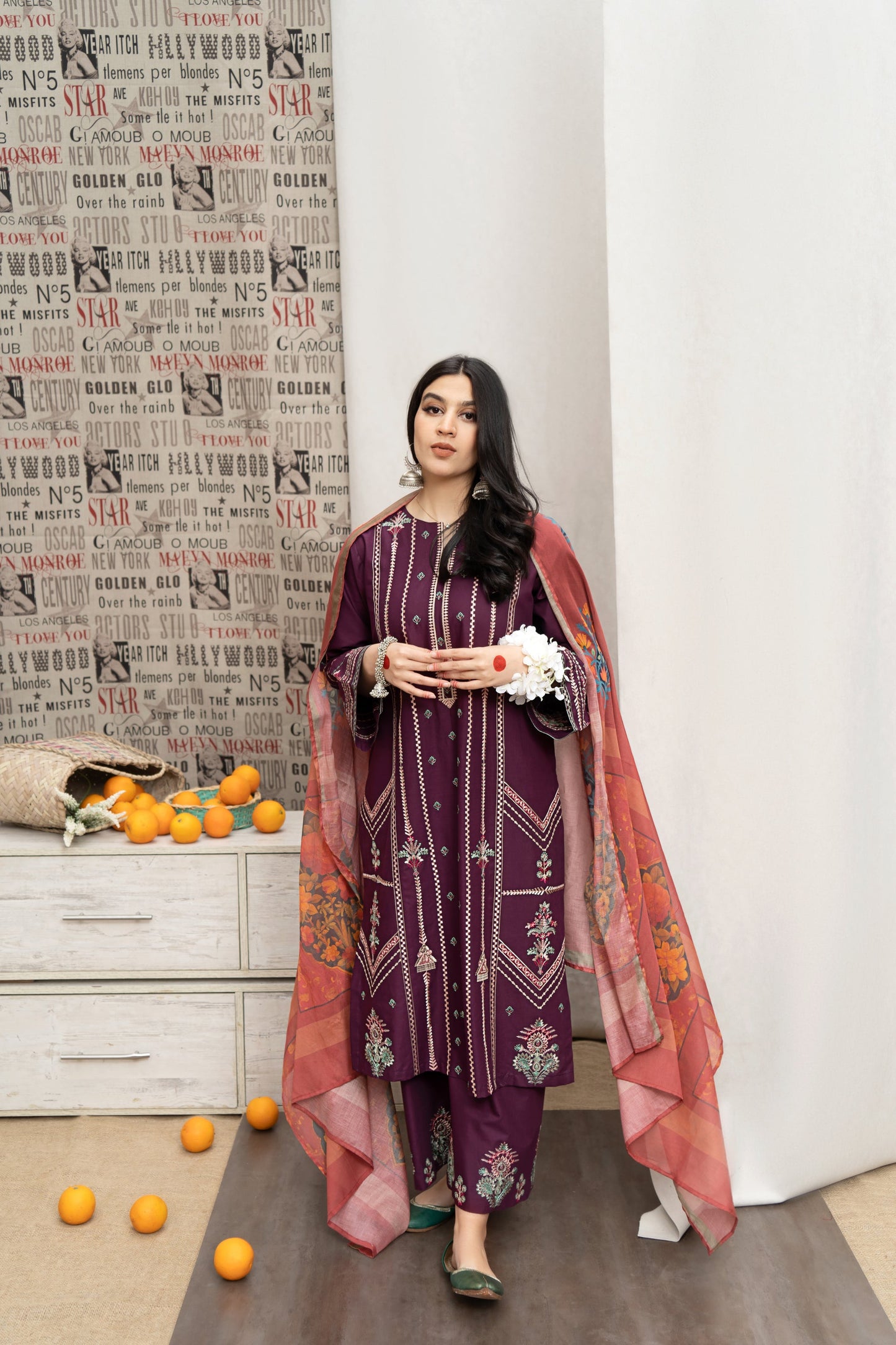 URGE- 3PC DHANAK EMBROIDERED SHIRT WITH COUTURE WOOL PRINT SHAWL AND EMB TROUSER-BIC-3165