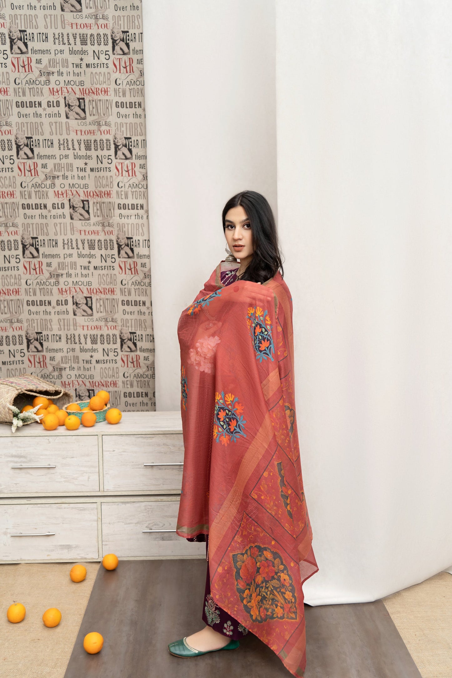 URGE- 3PC DHANAK EMBROIDERED SHIRT WITH COUTURE WOOL PRINT SHAWL AND EMB TROUSER-BIC-3165