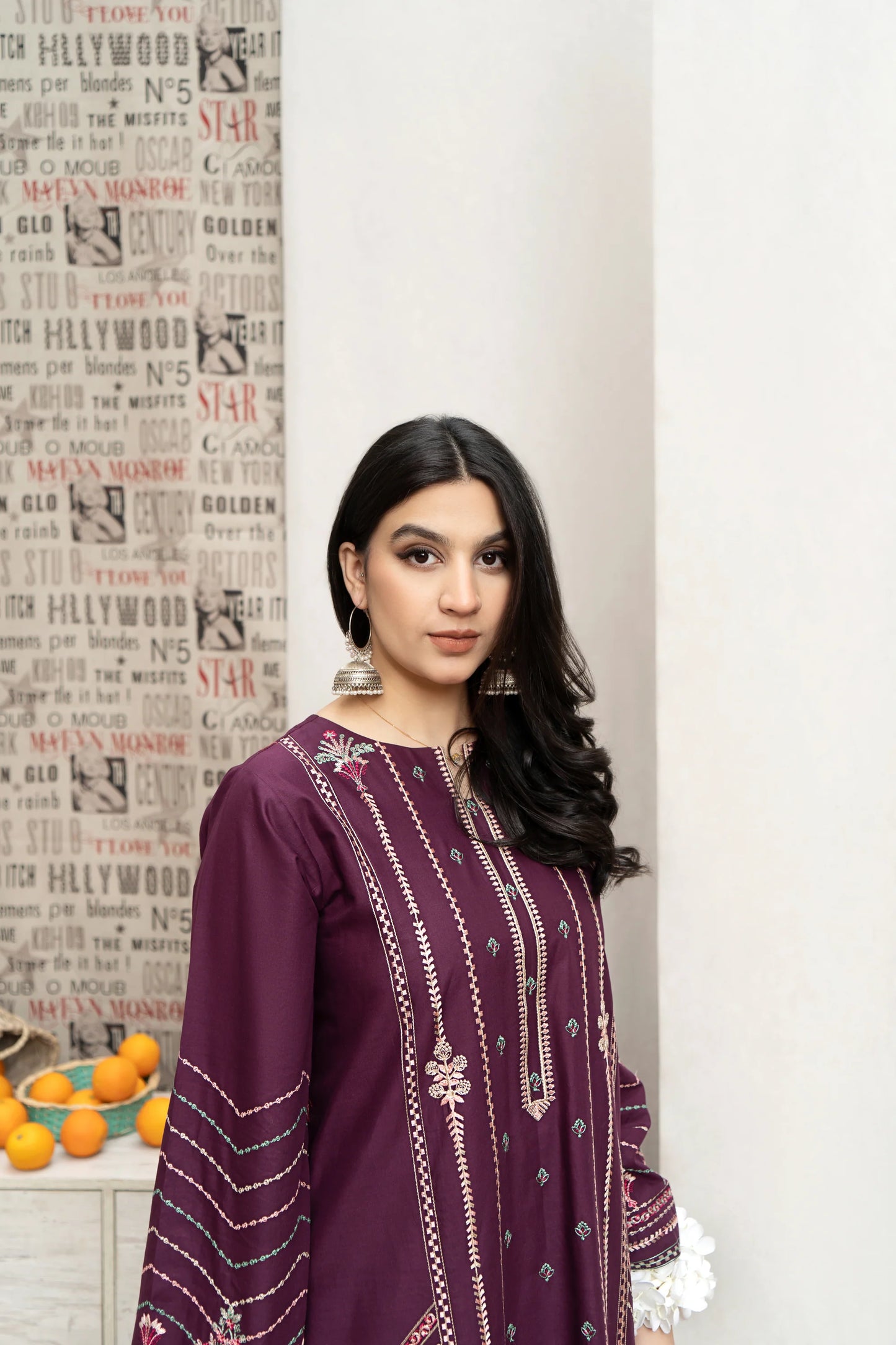 URGE- 3PC DHANAK EMBROIDERED SHIRT WITH COUTURE WOOL PRINT SHAWL AND EMB TROUSER-BIC-3165