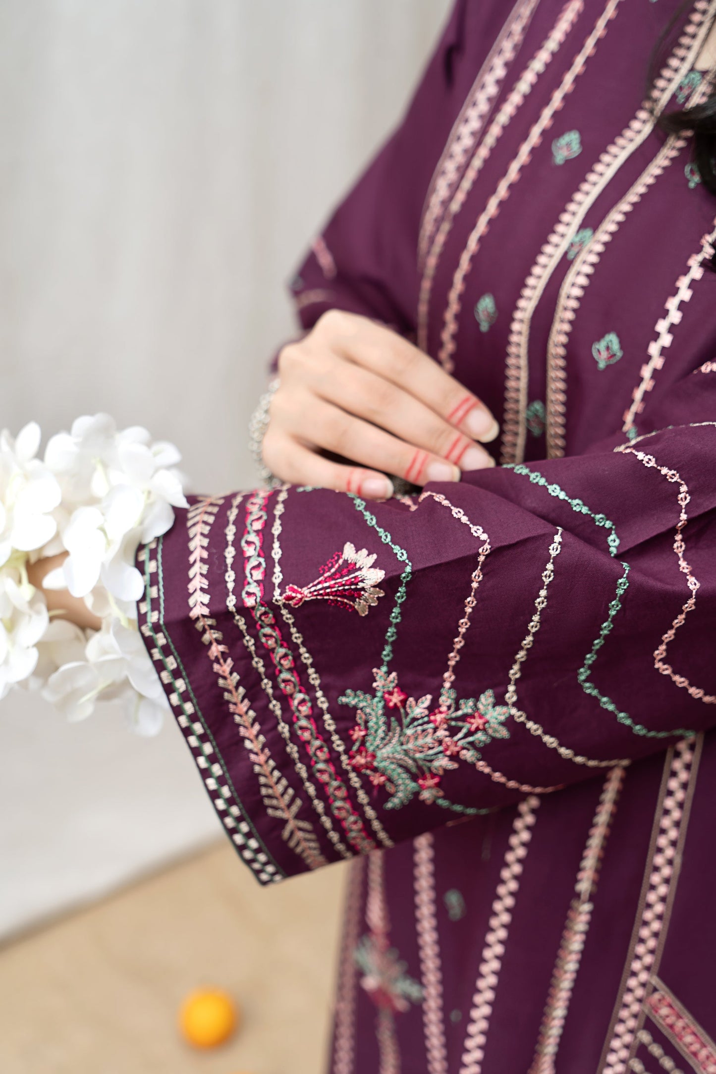 URGE- 3PC DHANAK EMBROIDERED SHIRT WITH COUTURE WOOL PRINT SHAWL AND EMB TROUSER-BIC-3165