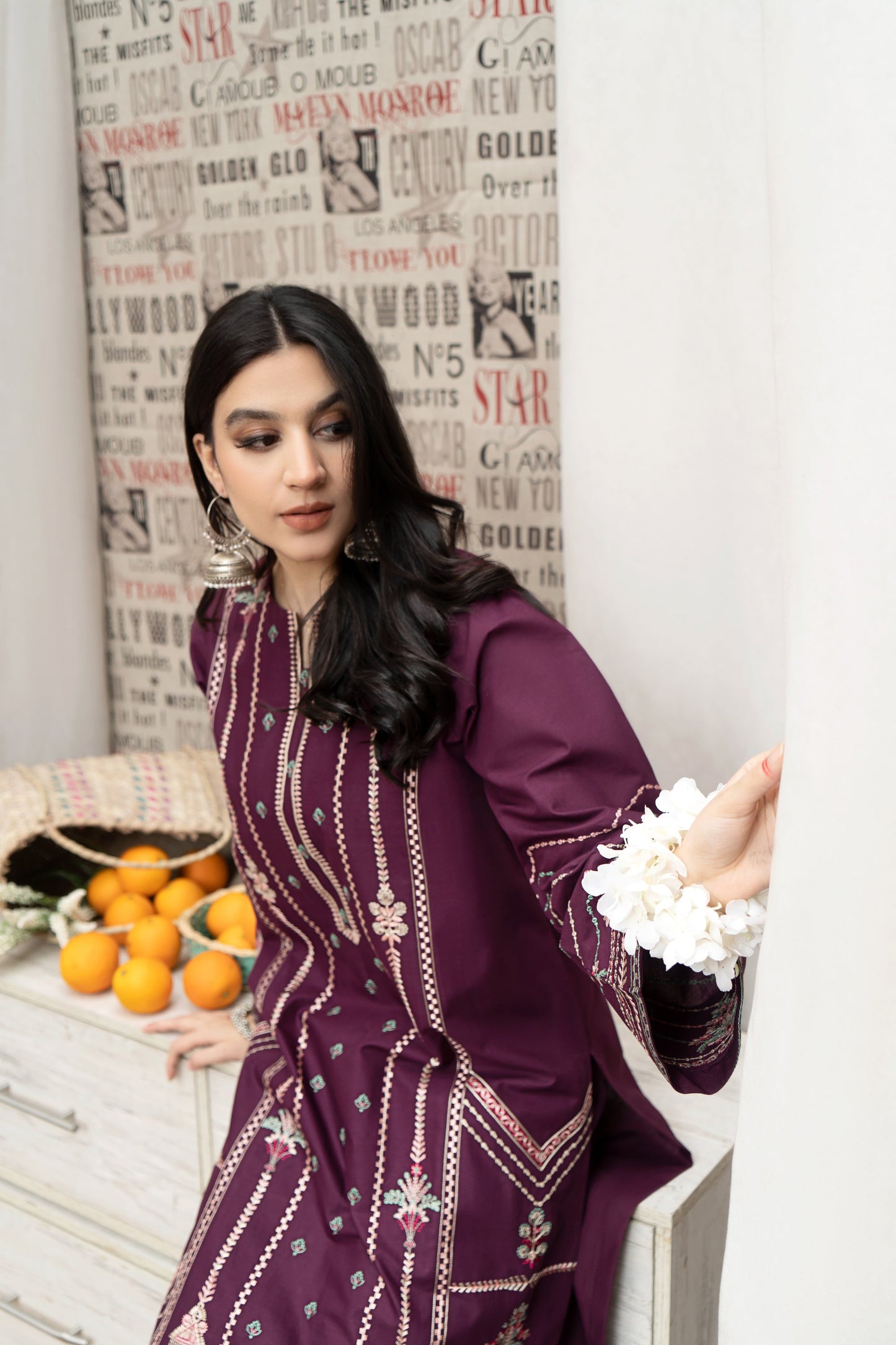 URGE- 3PC DHANAK EMBROIDERED SHIRT WITH COUTURE WOOL PRINT SHAWL AND EMB TROUSER-BIC-3165