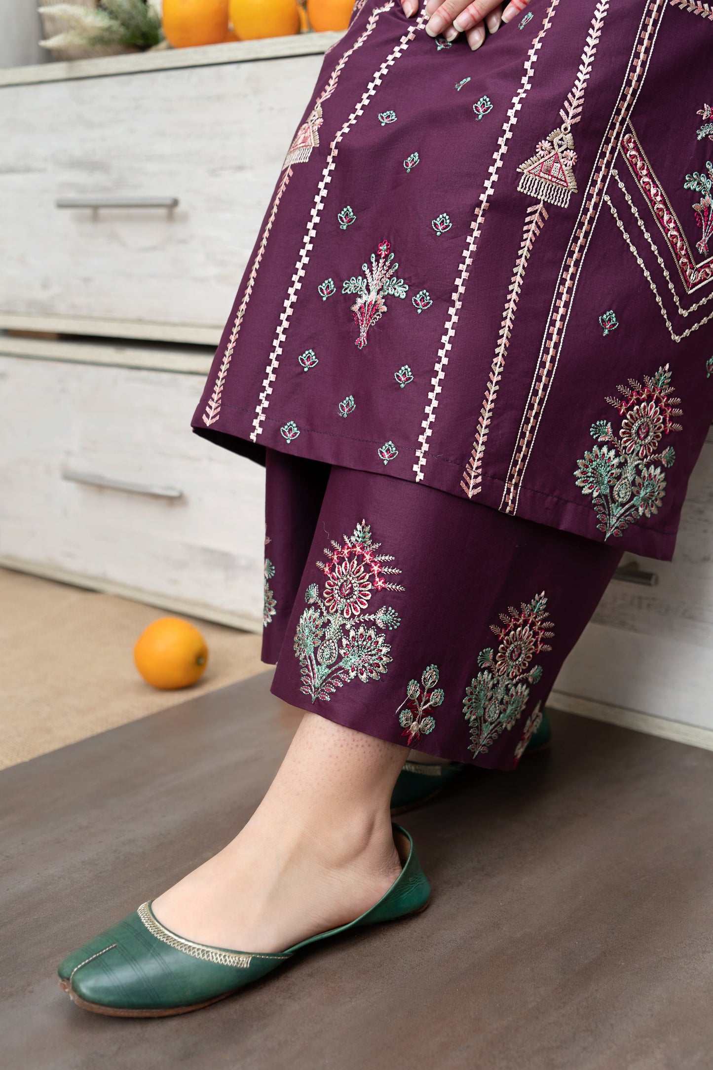 URGE- 3PC DHANAK EMBROIDERED SHIRT WITH COUTURE WOOL PRINT SHAWL AND EMB TROUSER-BIC-3165