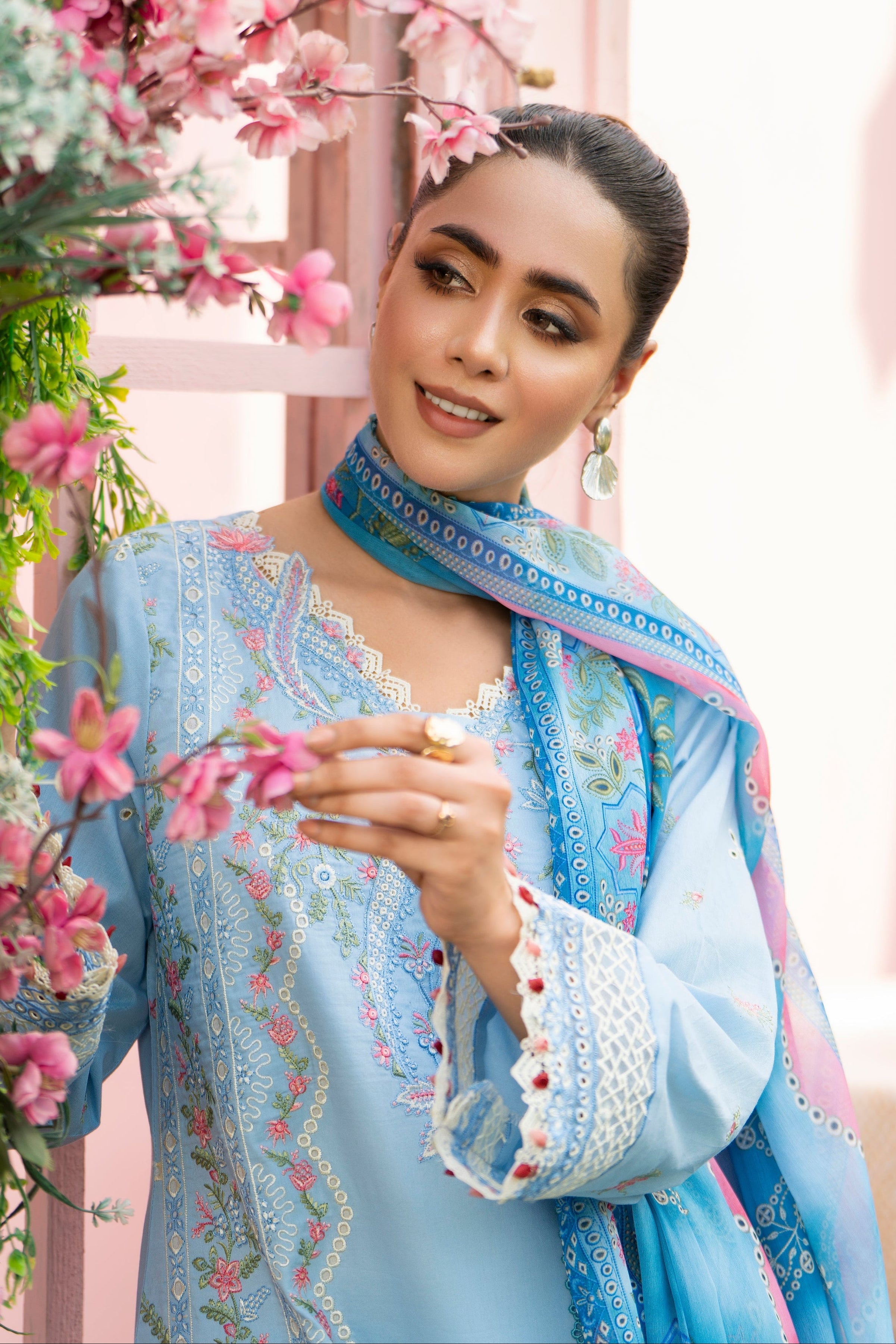 MIRAKHI-3PC LAWN EMBROIDERED SHIRT WITH CHIFFON PRINTED DUPATTA AND TROUSER-BIC-3806