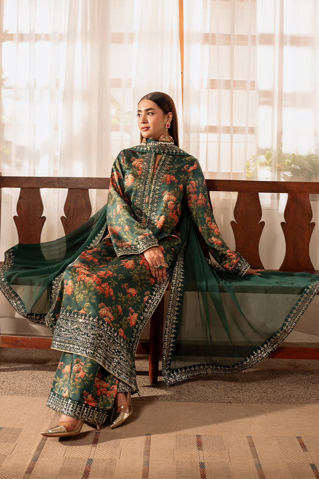 ZAINAB CHOTANI-3PC SHAMOZE SILK PRINTED EMBROIDERED SHIRT WITH SOFT SILK PRINTED EMB DUPATTA & EMB TROUSER BIC-