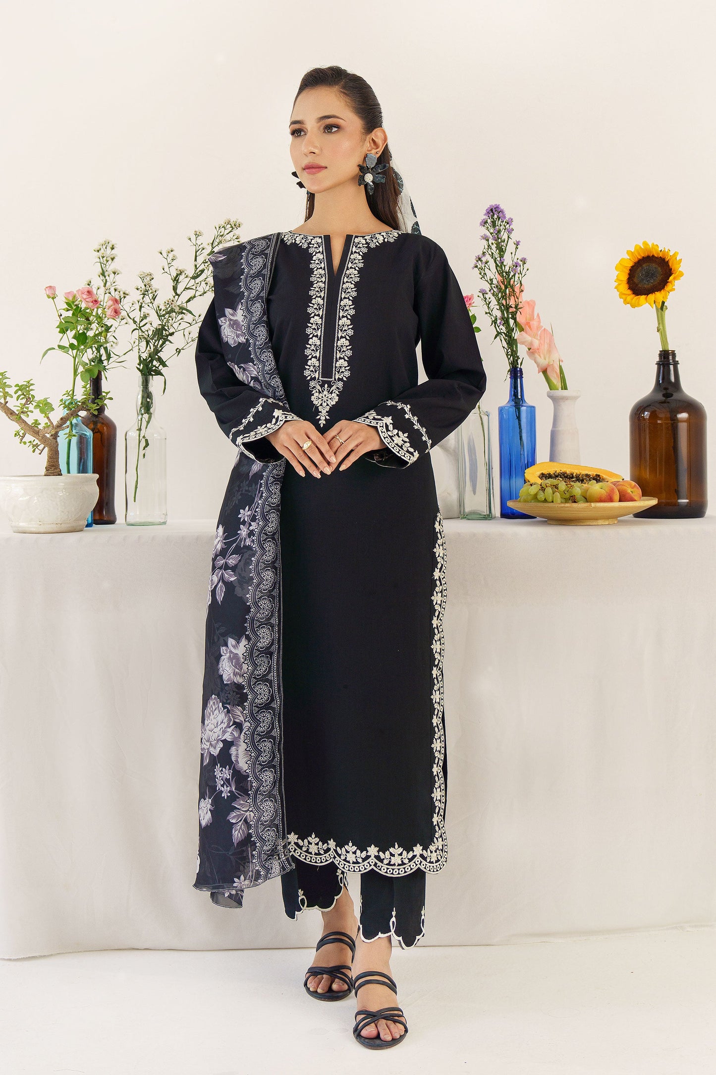 URGE - 3PC DHANAK EMBROIDERED SHIRT WITH WOOL PRINTED SHAWL AND TROUSER-BIC-3174