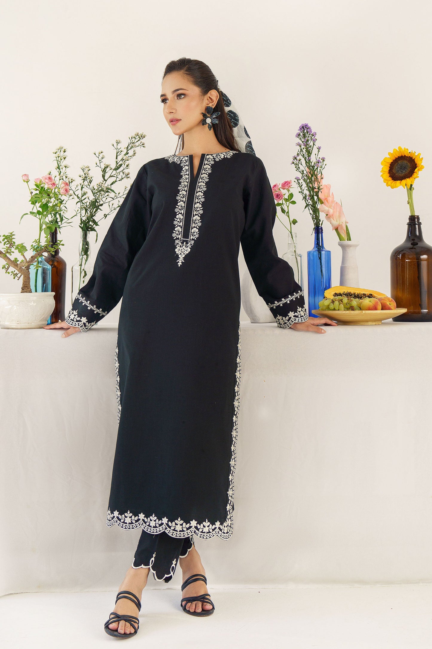 URGE - 3PC DHANAK EMBROIDERED SHIRT WITH WOOL PRINTED SHAWL AND TROUSER-BIC-3174
