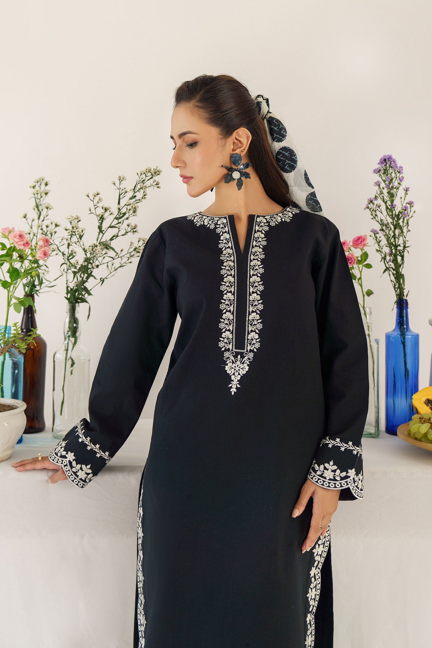 URGE - 3PC DHANAK EMBROIDERED SHIRT WITH WOOL PRINTED SHAWL AND TROUSER-BIC-3174