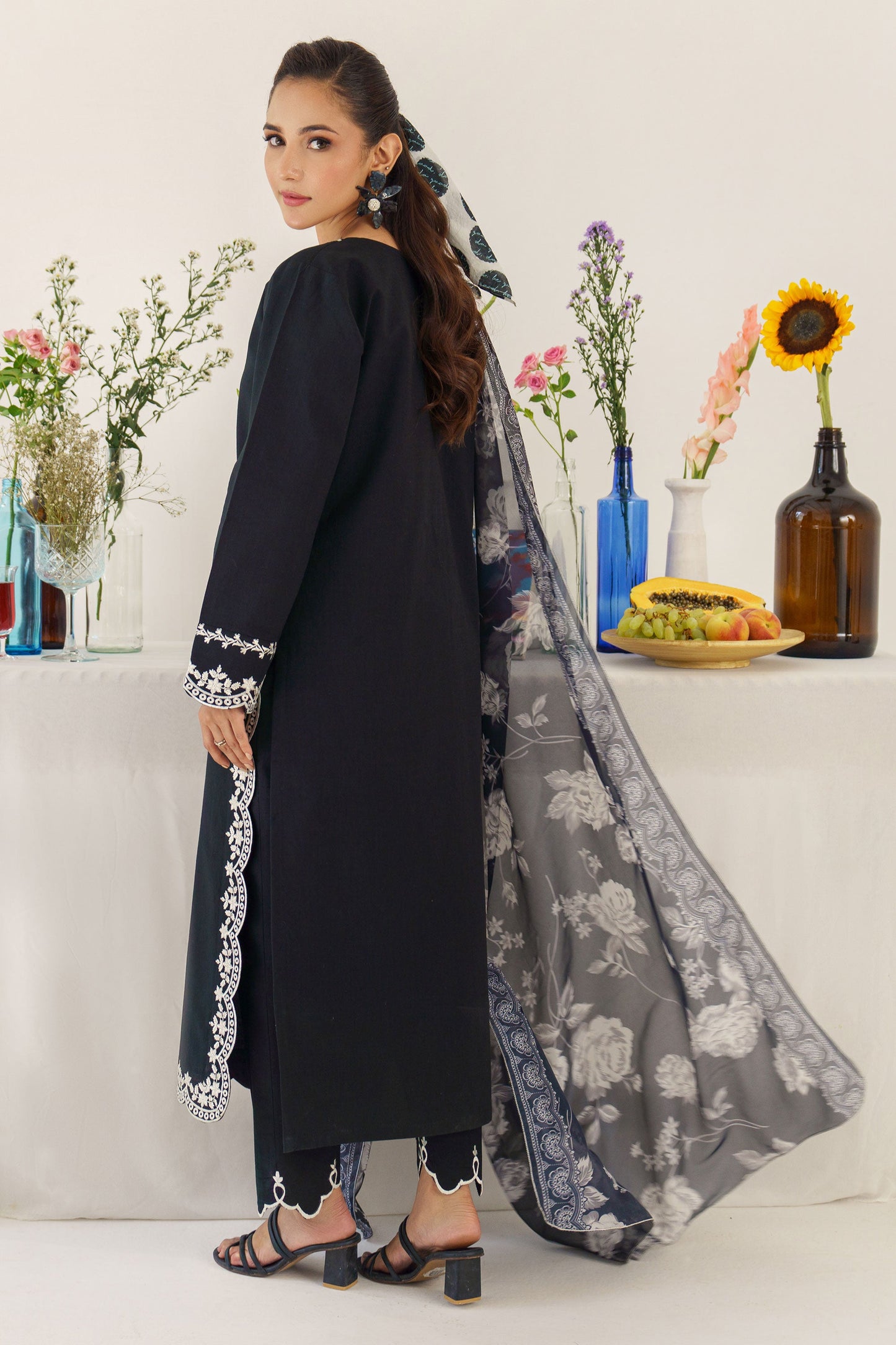 URGE - 3PC DHANAK EMBROIDERED SHIRT WITH WOOL PRINTED SHAWL AND TROUSER-BIC-3174