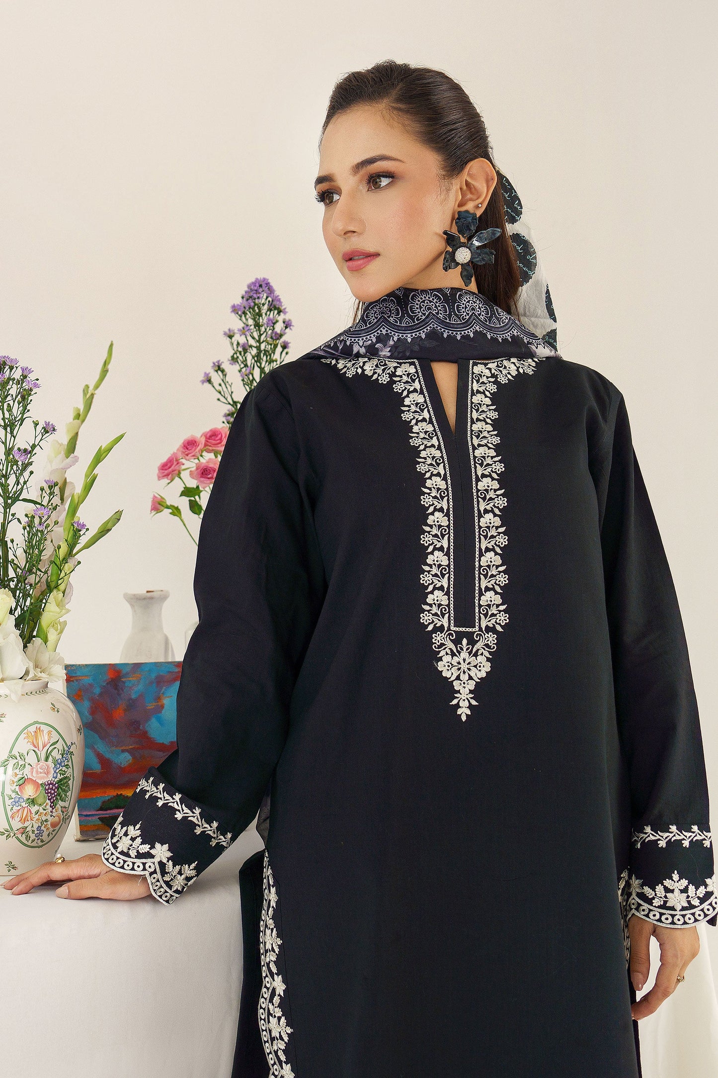 URGE - 3PC DHANAK EMBROIDERED SHIRT WITH WOOL PRINTED SHAWL AND TROUSER-BIC-3174