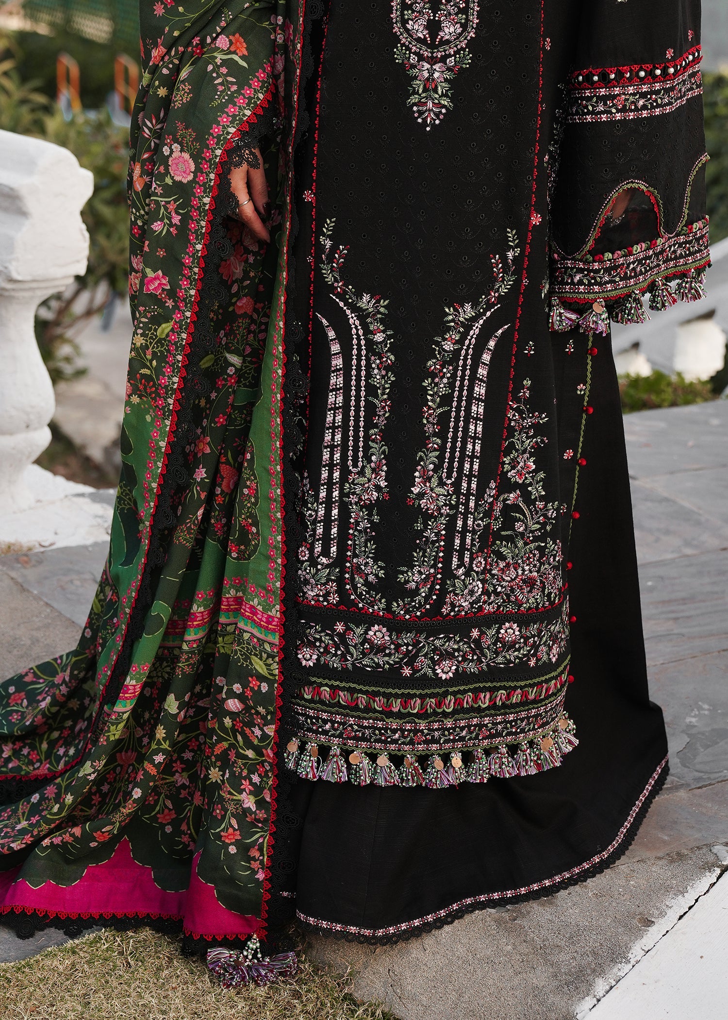 HUSSAIN REHAR-3PC KARANDI EMBROIDERED SHIRT WITH COURTRAI PRINTED SHAWL AND TROUSER-BIC-4261