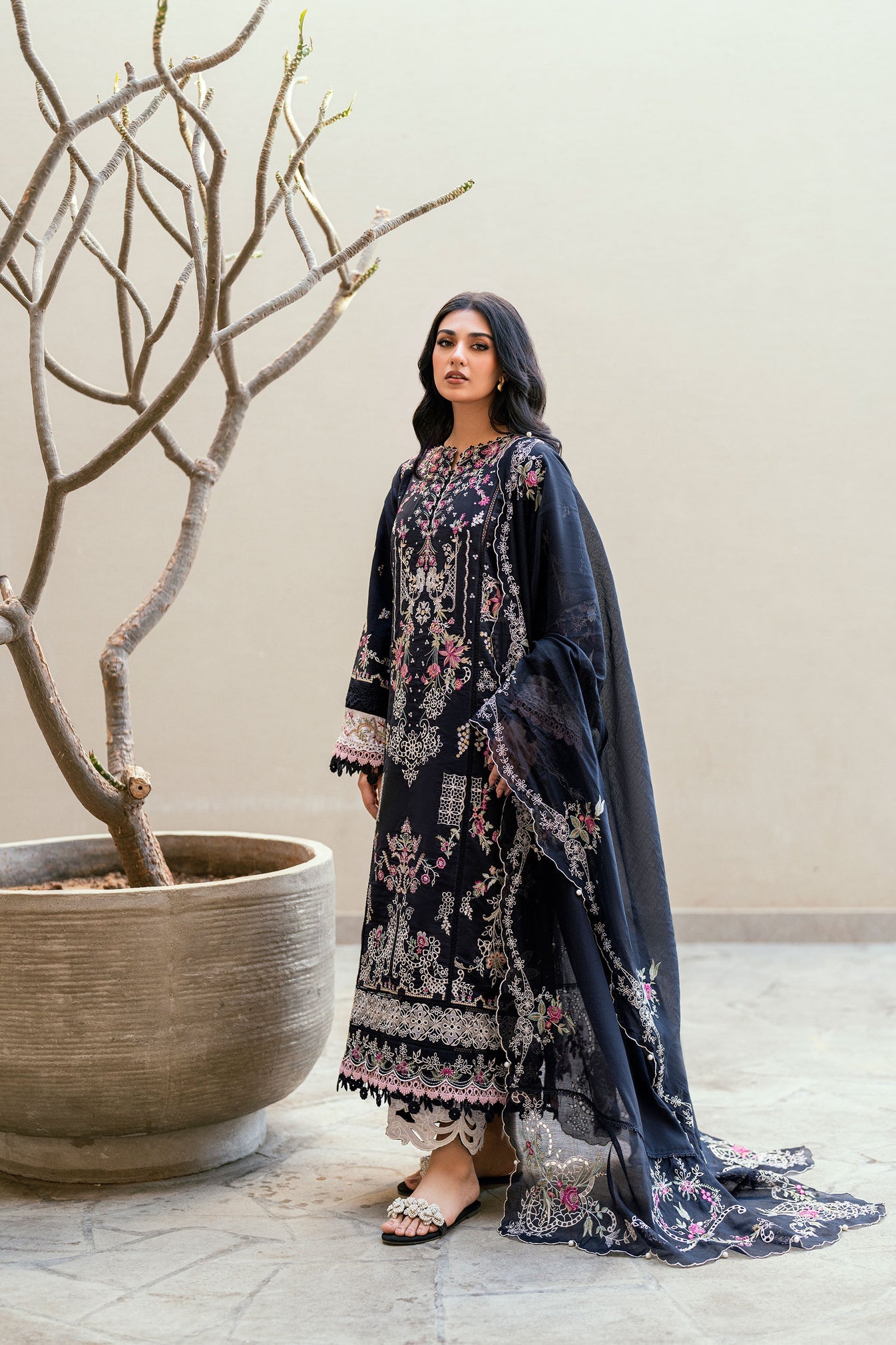 FLORENT-3PC DHANAK EMBROIDERED SHIRT WITH CHIFFON EMBROIDERED DUPATTA & TROUSER-BIC-4229