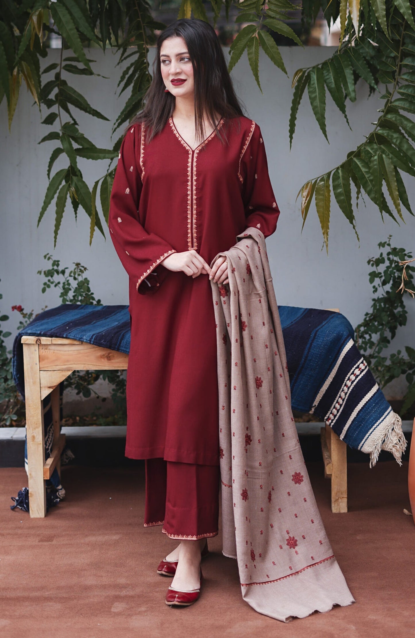 AiSLING-3PC DHANAK EMBROIDERED SHIRT DHANAK EMBROIDERED SHAWL AND EMB TROUSER-BIC-3183