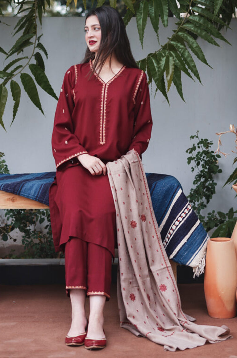 AiSLING-3PC DHANAK EMBROIDERED SHIRT DHANAK EMBROIDERED SHAWL AND EMB TROUSER-BIC-3183