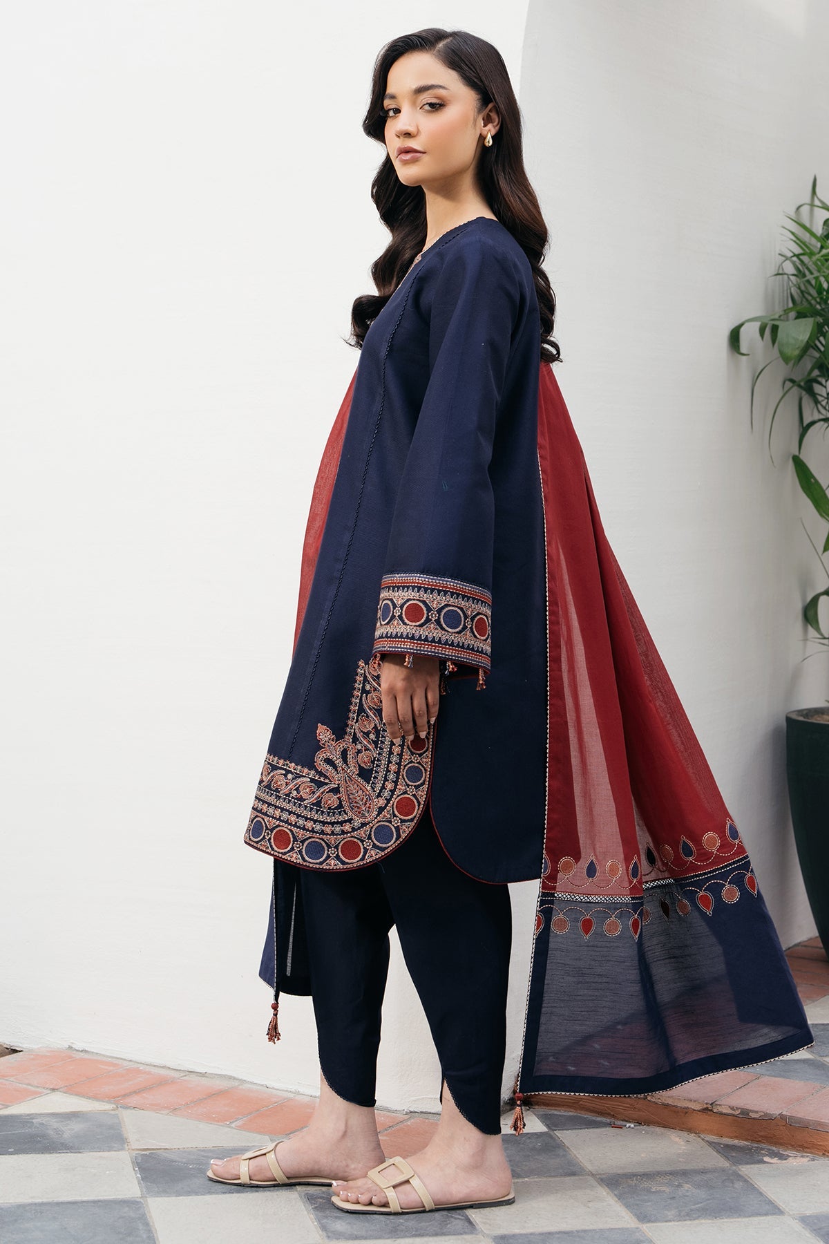 JAZMIN-3PC DHANAK EMBROIDERED SHIRT WITH COURTRAI PRINTED SHAWL AND TROUSER-BIC-4301