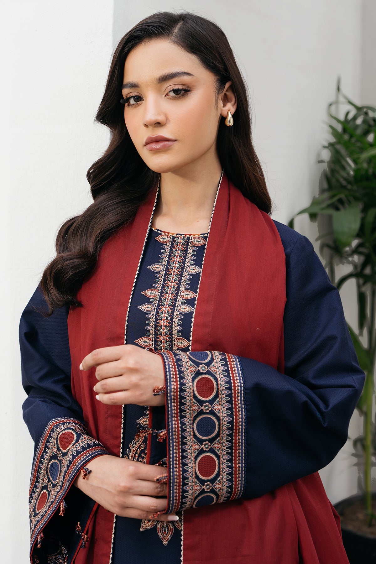 JAZMIN-3PC DHANAK EMBROIDERED SHIRT WITH COURTRAI PRINTED SHAWL AND TROUSER-BIC-4301