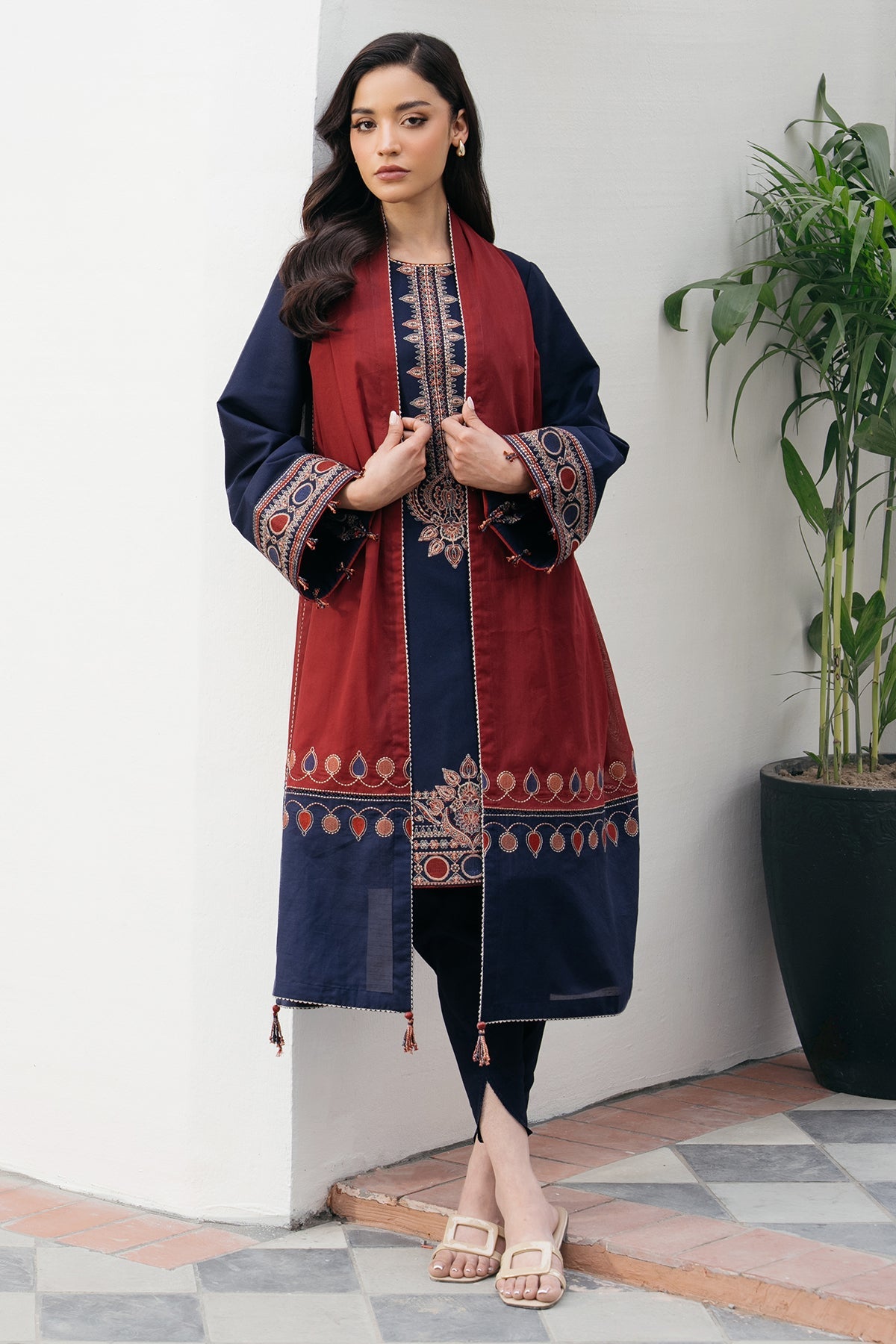JAZMIN-3PC DHANAK EMBROIDERED SHIRT WITH COURTRAI PRINTED SHAWL AND TROUSER-BIC-4301