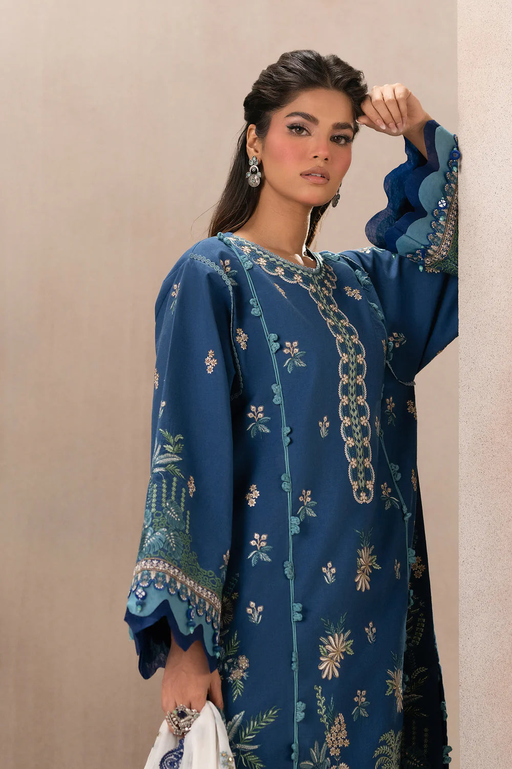 ETHNC-3PC DHANAK HEAVY EMBROIDERED SHIRT WITH COTTON NET EMBROIDERED DUPATTA AND EMB TROUSER-BIC-4220